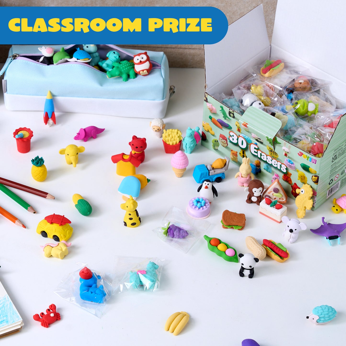 JOYIN 72 Pcs 3D Erasers for Kids, Food & Animals Erasers Bulk, Fun & Cute Mini Erasers for Pencil, Desk Pets, Classroom Prize, Birthday Party Favors, Treasure Box Toys, Gifts for Boys Girls