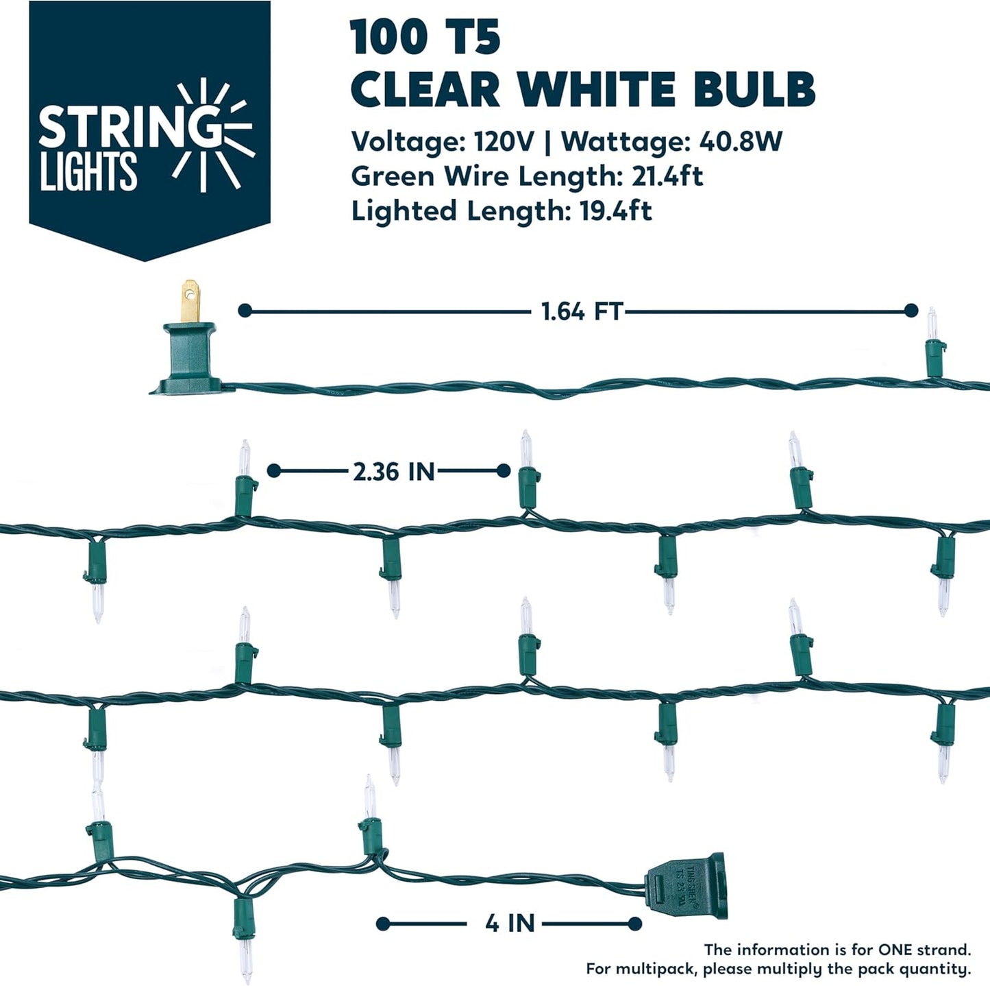SYNCFUN Clear Christmas Lights,21.5FT 100-Count Led Warm White Christmas String Lights,Connectable Green Wire Xmas Tree Lights for Indoor Outdoor Christmas Decorations Holiday Party Decor