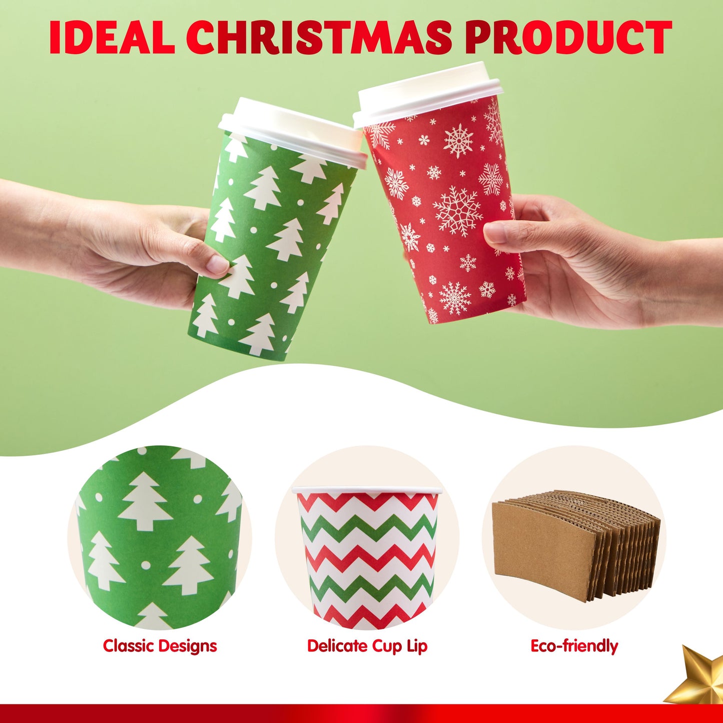 Joyfy 72 Pcs Christmas Disposable Paper Cups, 16 oz Xmas Dinnerware Cups With Cup Sleeves and Lids, 6 Designs Hot/Cold Beverages Tableware for Holiday Party Supplies