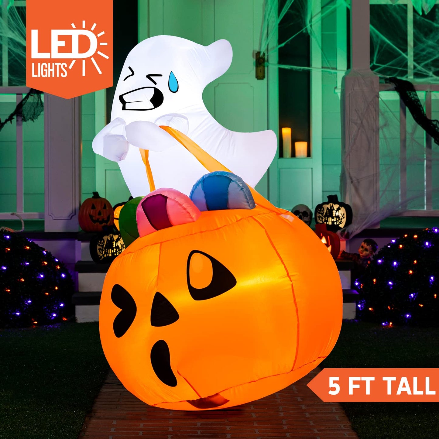 Syncfun 5 FT Halloween Inflatable Light up Ghost Lift Pumpkin Candy Bag Decorations Halloween Inflatables Outdoor Decorations,Blow up Halloween Yard Decorations