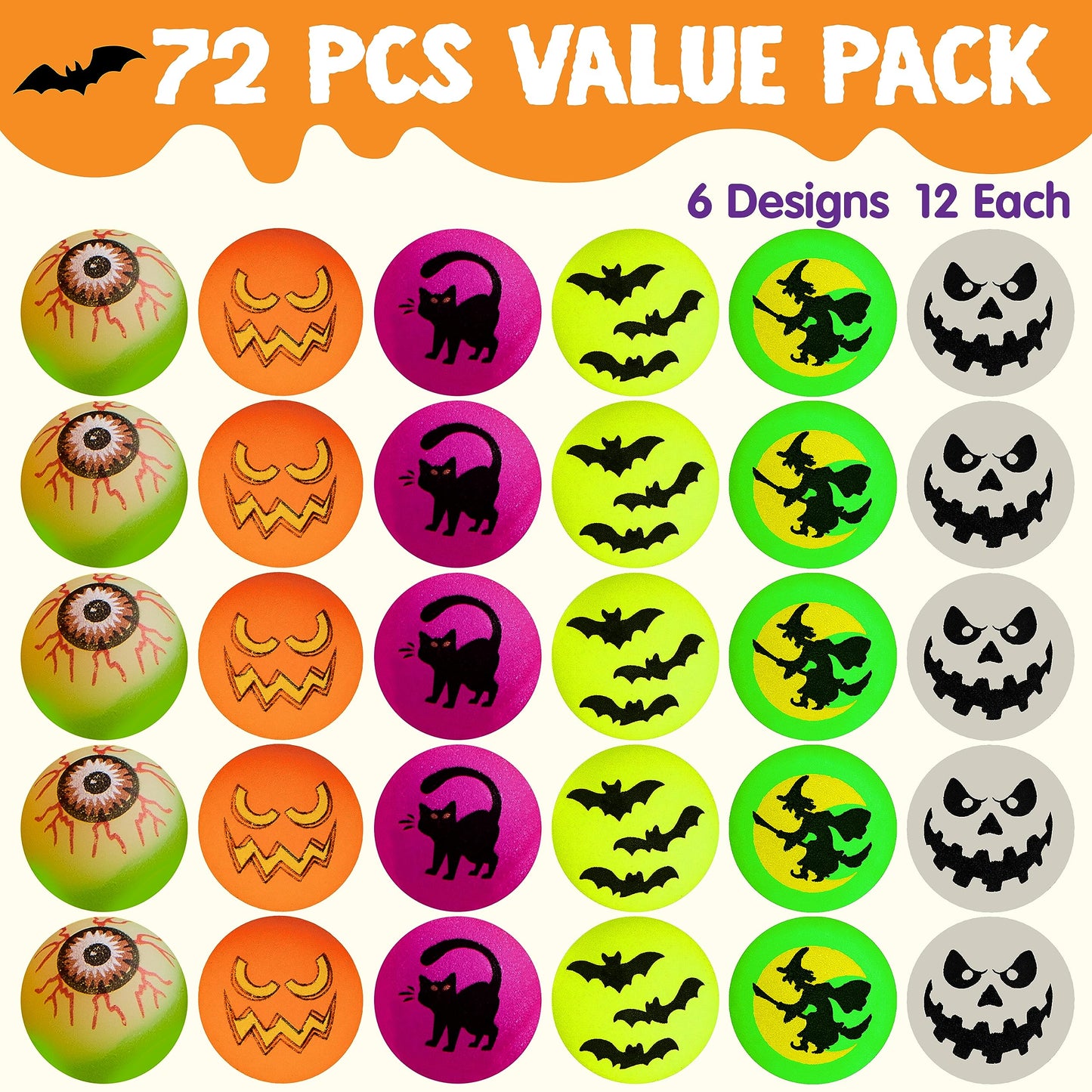 Joyfy 72 Pcs Halloween Bouncy Balls,20 Designs Glow in The Dark Bouncy Balls Halloween Toys for Kids,for Trick or Treaters,Halloween Goodies,Halloween Party Favors