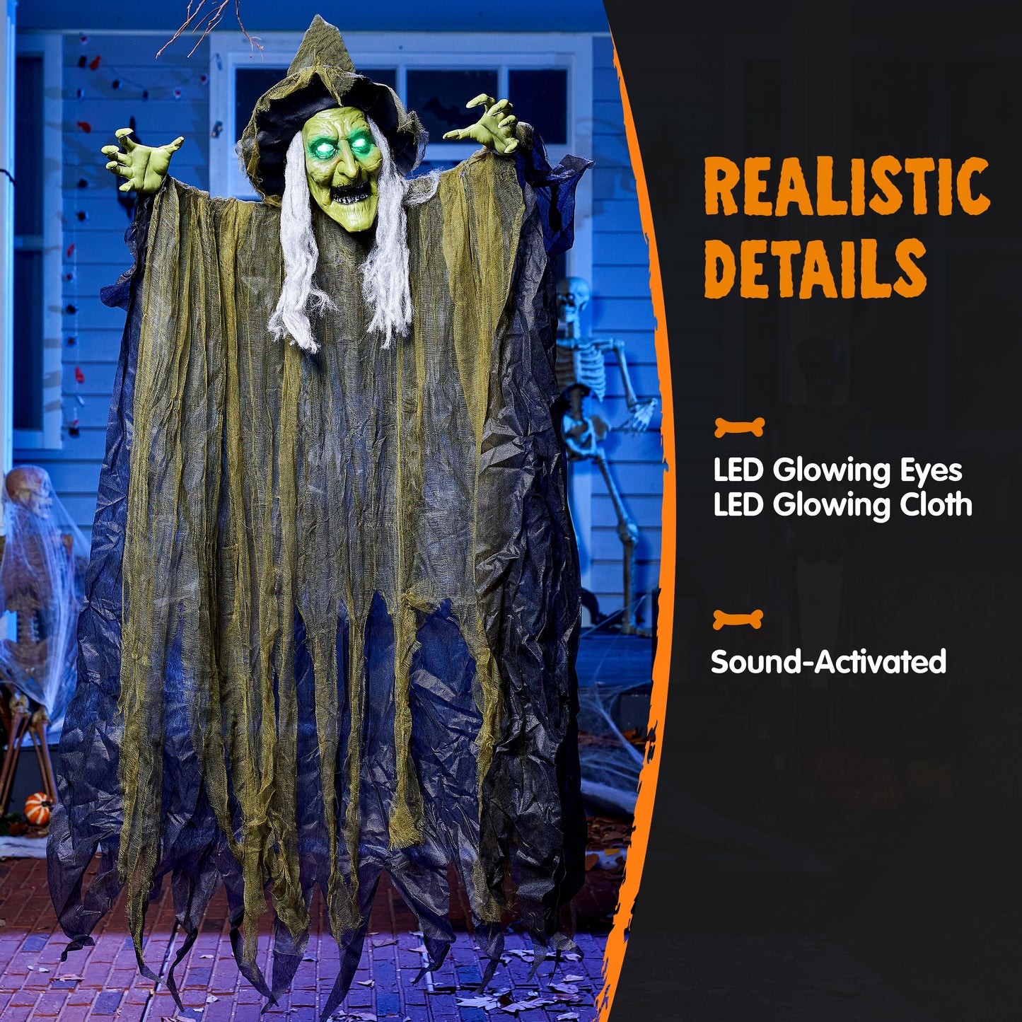 Syncfun 67 Inch Animated Halloween Witch Decoration,Outdoor Brown Ragged Robe Green Face Witch with Light and Sound Decoration for Halloween Outdoor Decor