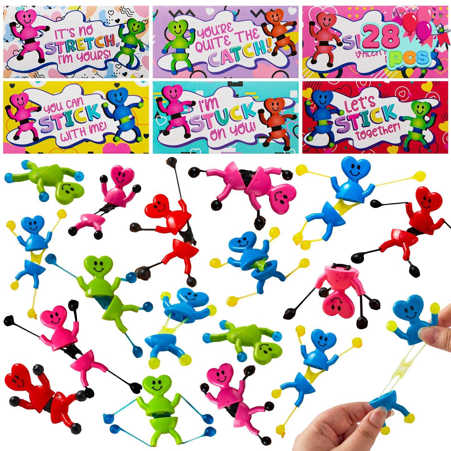 28 Pack Valentine's Day Sticky Man Toys with Cards, Classroom Exchange Gift for Kids, Classroom Holiday Reward Prizes, Valentine’s Party Favors, Sticky Wall Climbing Men, Stress Relief Toys