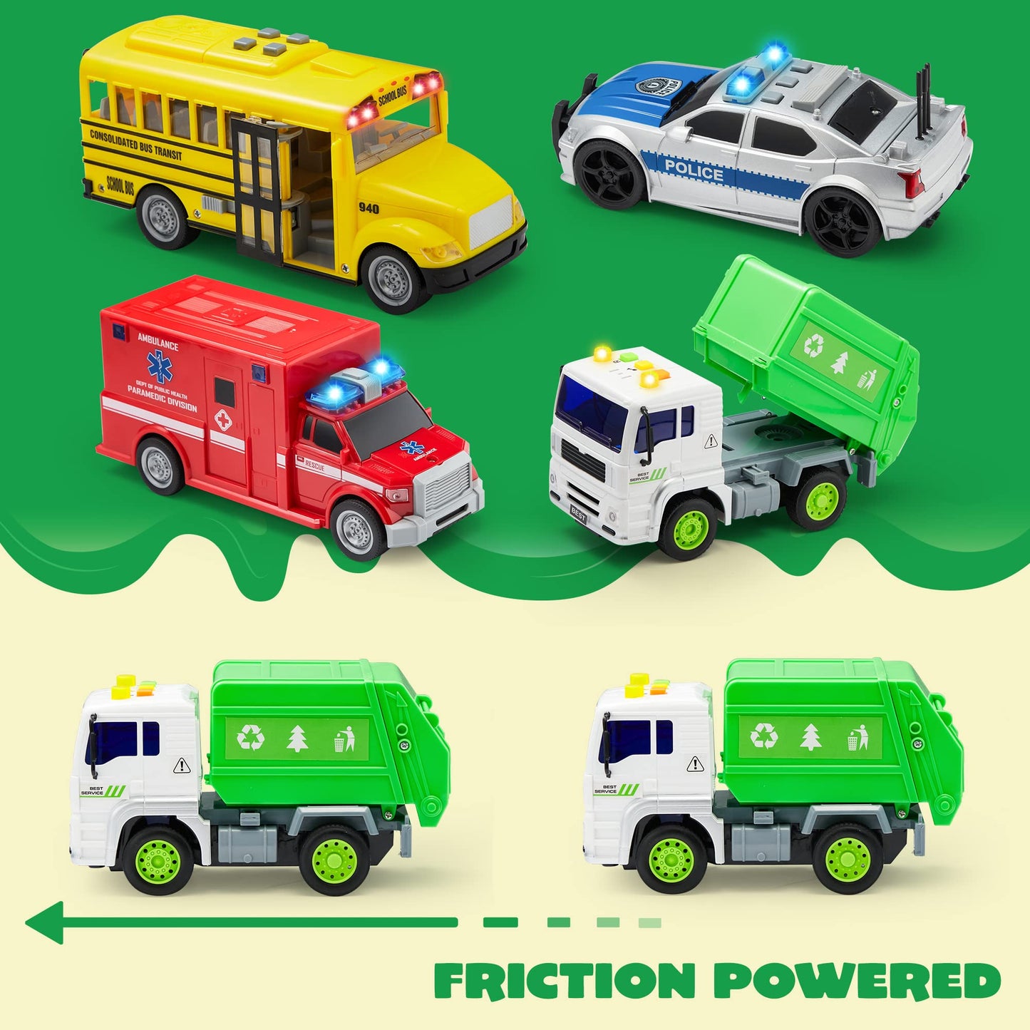 SYNCFUN 4 Pcs 7" Long Vehicle Toy Set, Toddler Car Toys Including Police Car, School Bus, Garbage Truck, Ambulance, Birthday Gifts Toys for Boys 2 3 4 5 6 Years Old