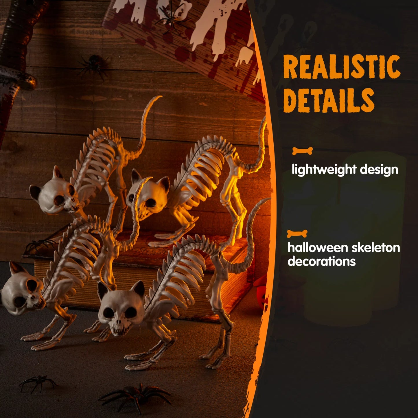 Syncfun 4 Pcs Cat Skeleton Halloween Decoration,7 Inch Posable Plastic Animals Halloween Skeleton for Indoor Outdoor Halloween Decorations,Haunted House Party Props