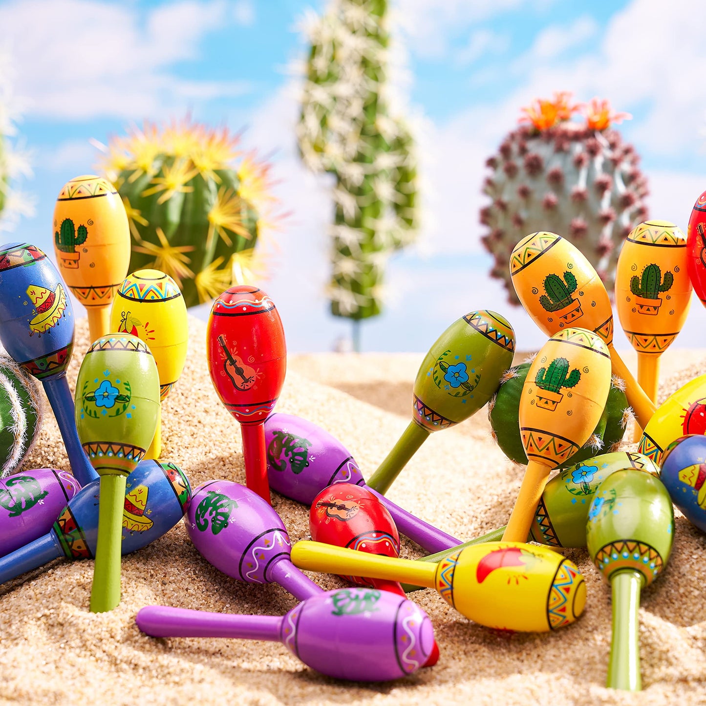 24 mini wooden carnivals Maracas, 6 designed noise generators for Mexican carnivals