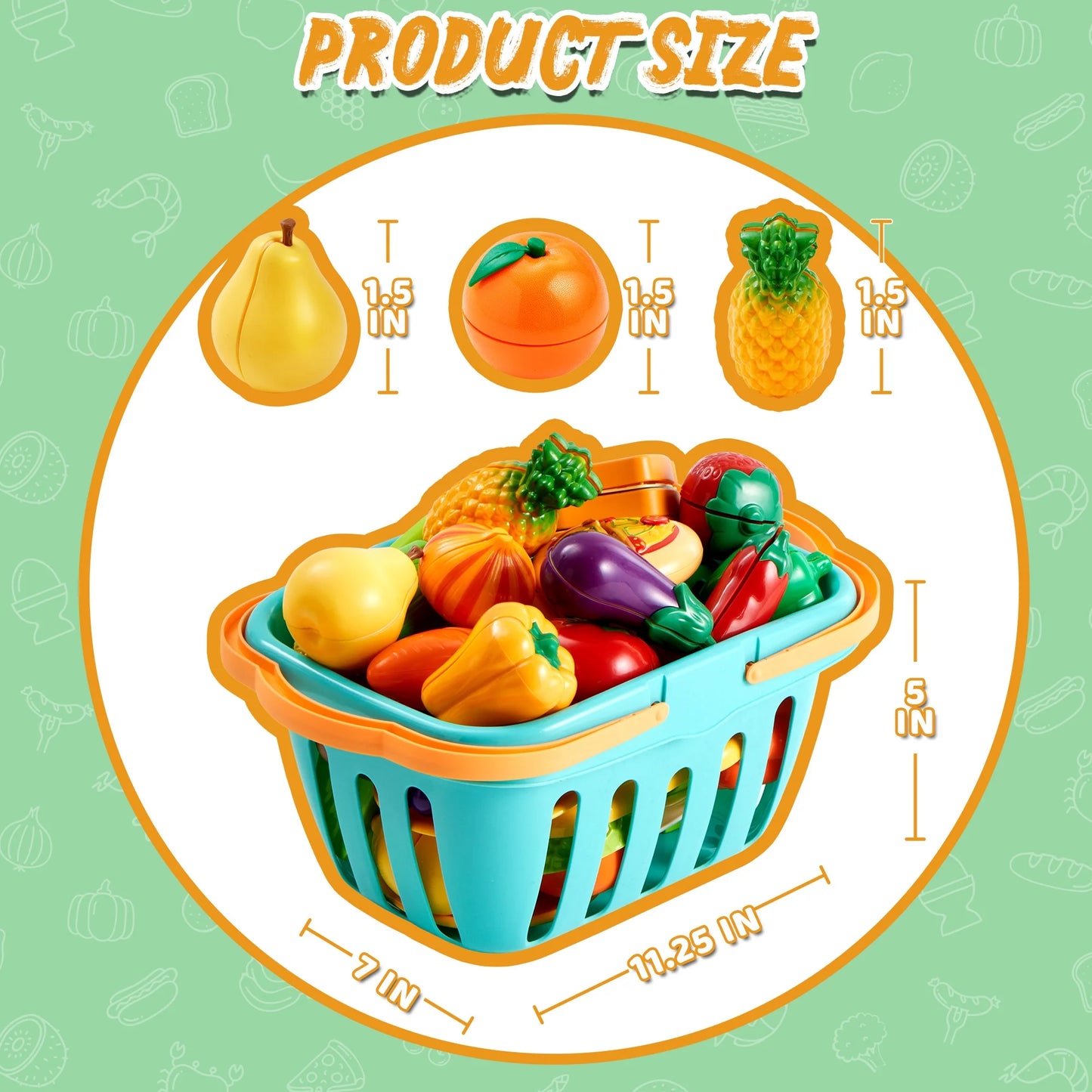 SYNCFUN 68 Pcs Cutting Play Food, Fake Food for Kids Play Kitchen with Storage Basket, Pretend Play Kitchen Toys