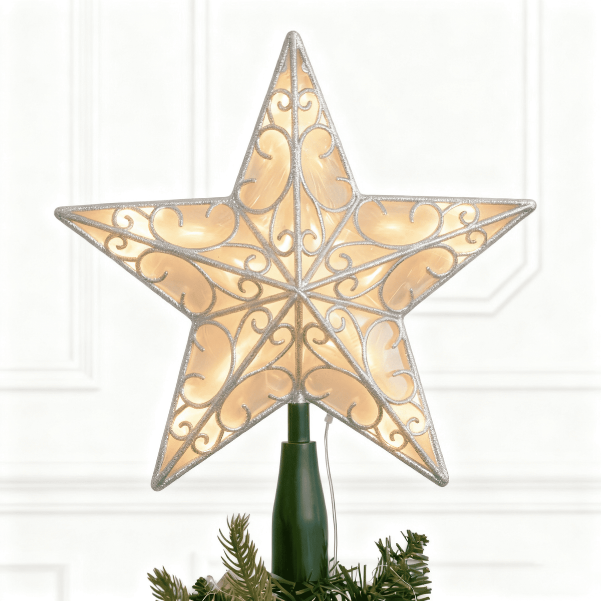 Joyfy 10" Christmas Tree Topper,with LED Silver Print Glitter Small Star Tree Topper with Lights,Light Up Tree Topper Christmas Decorations Xmas Tree Decorations