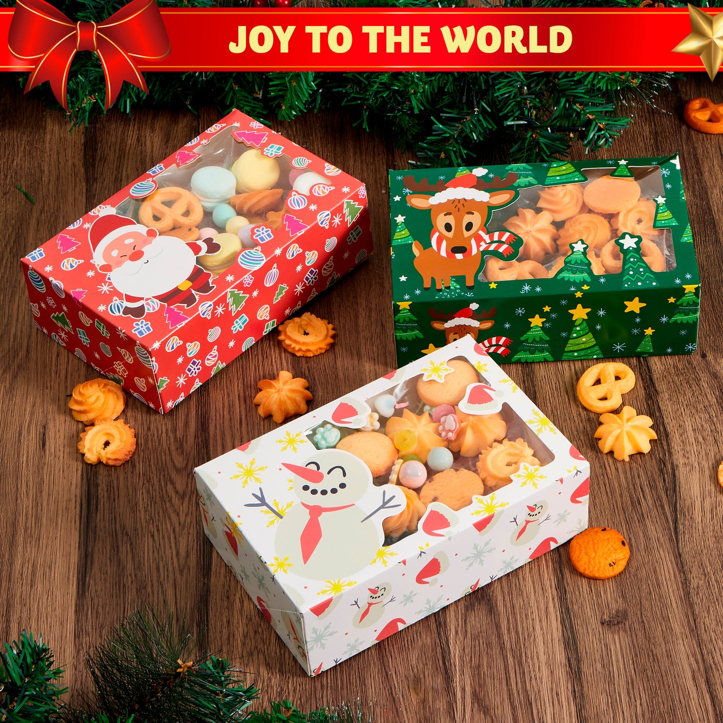 SYNCFUN 24 Pcs Christmas Foil Treats Cookie Gift Box 8.75" x 5.75" x 2.75" Colorful Pattern with Window for Pastries, Cupcakes, Cookies, Brownies, Donuts Gift Giving