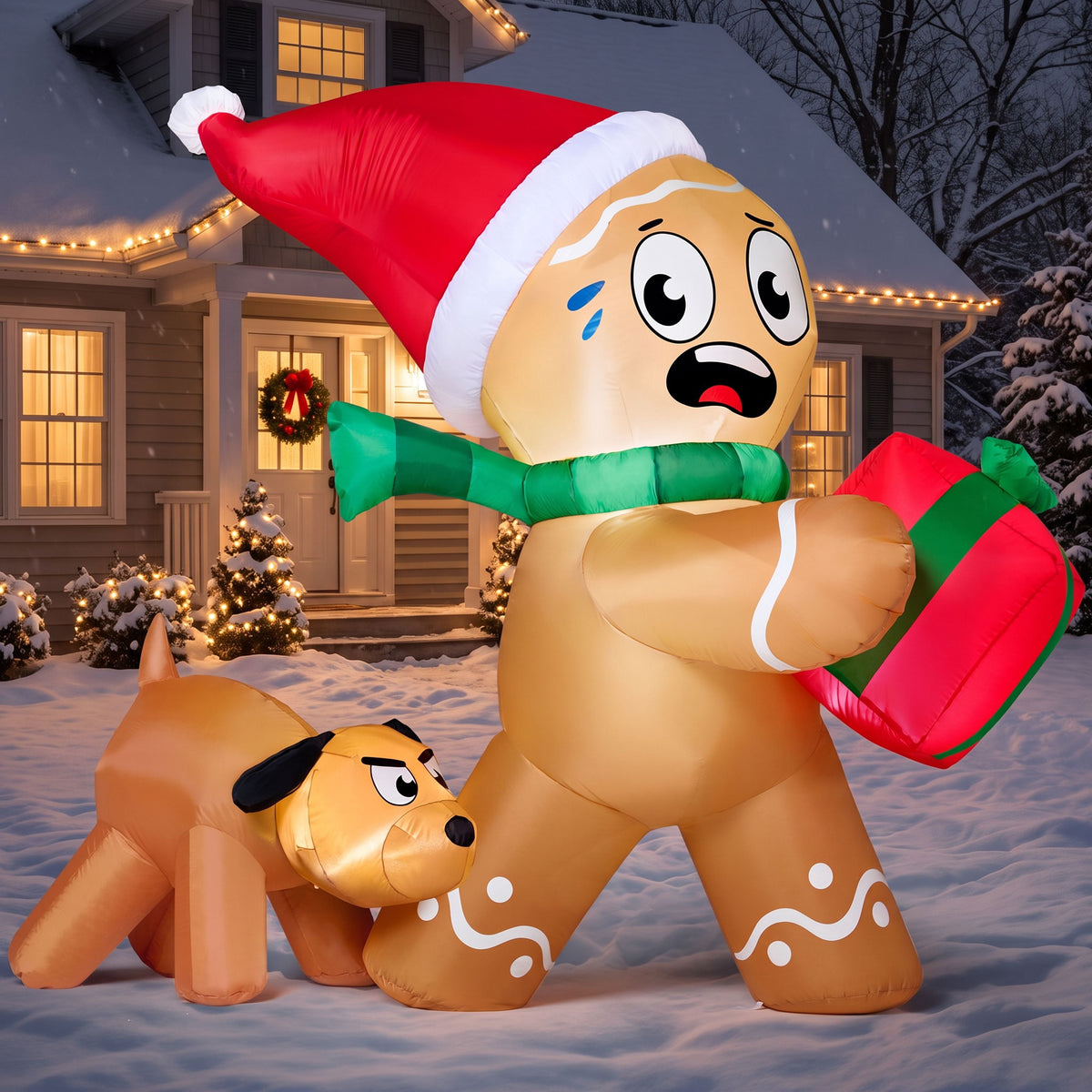 Joyfy 5 ft Christmas Inflatables Gingerbread Outdoor Decorations,Gingerbread & Dog Blow Ups with Built-in LEDs for Holiday Party Garden Lawn Yard Decor