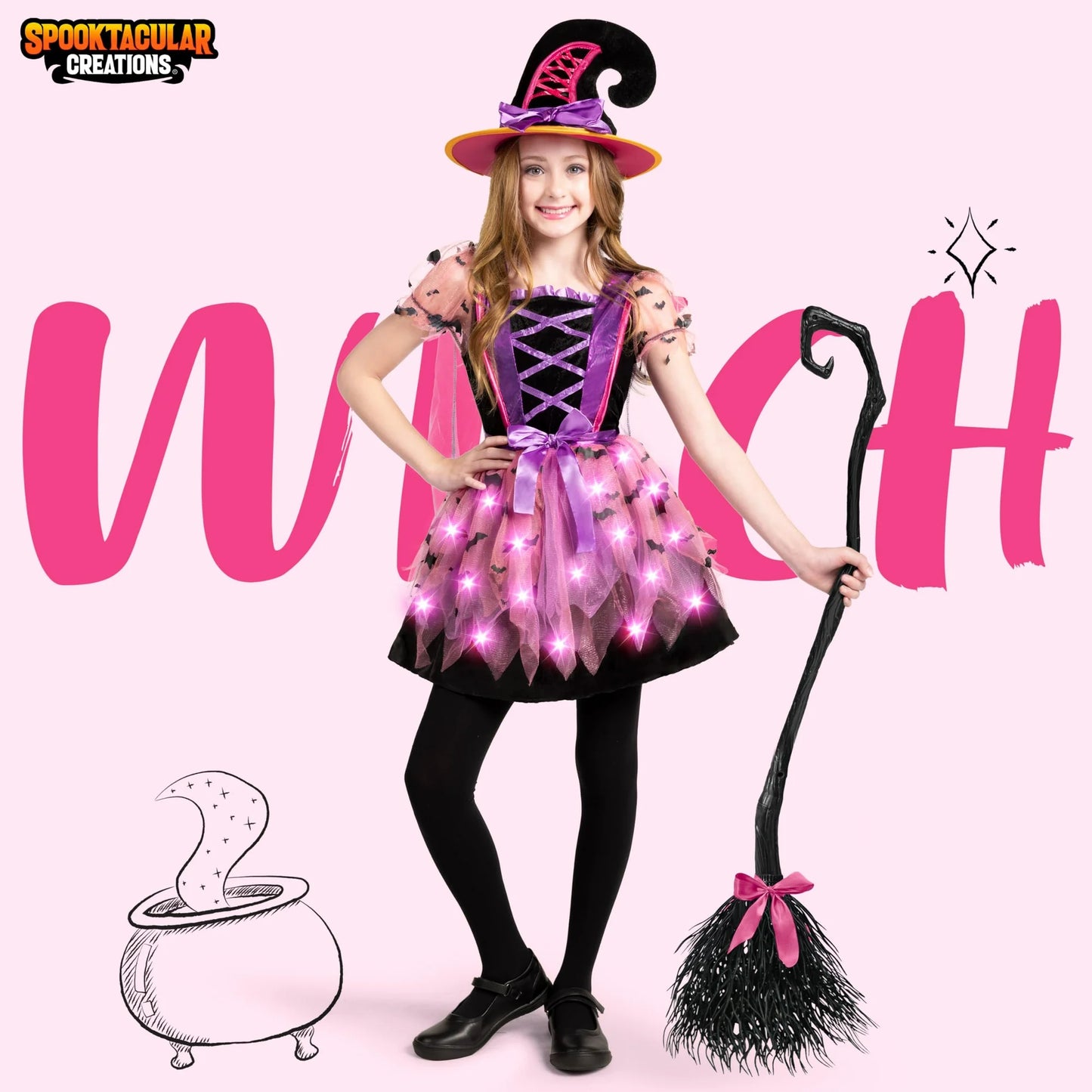 Spooktacular Creations Child Girl Light Up Witch Costume, Halloween Cosplay Dress Up (Small (5-7 yr))