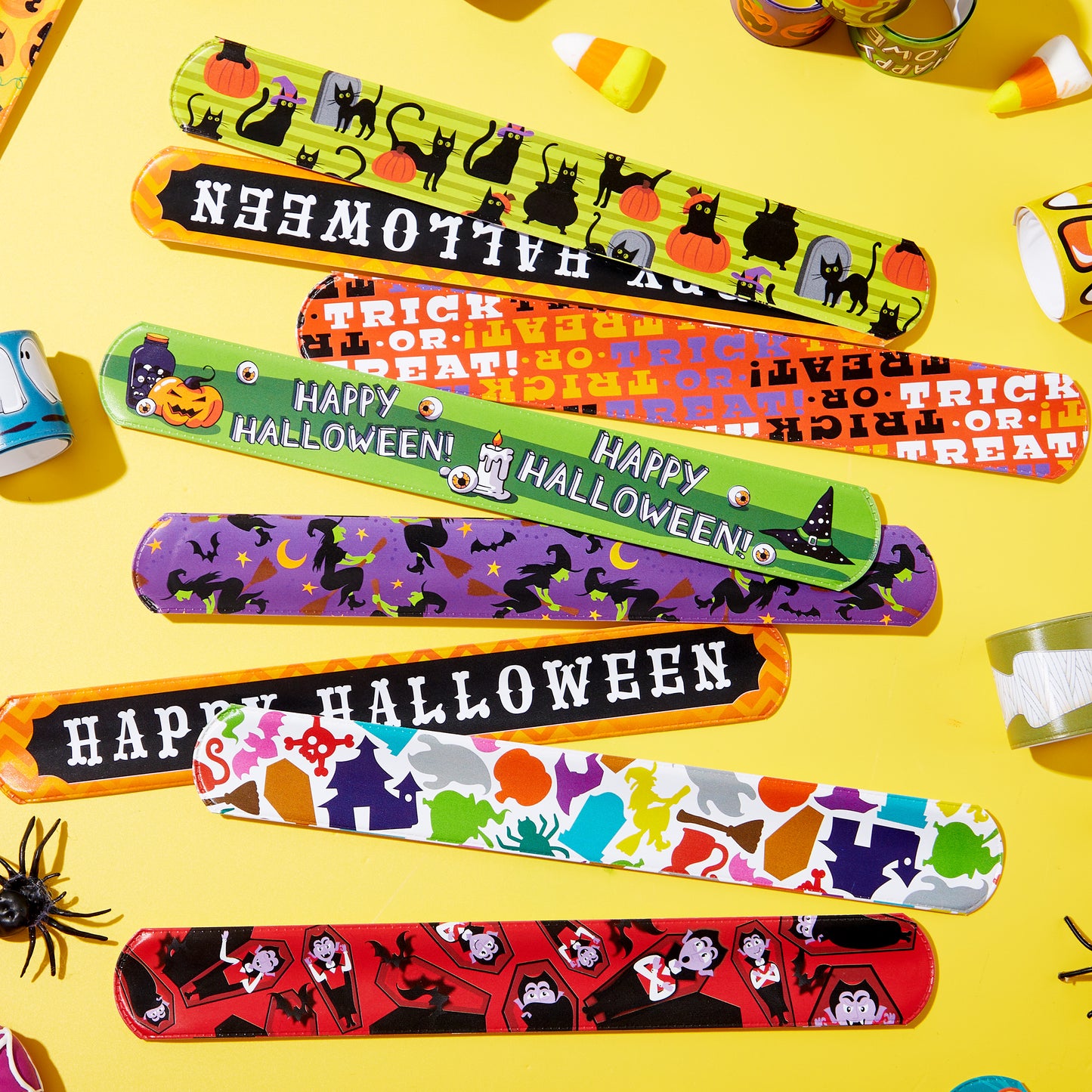 Joyfy 48 Pcs Halloween Slap Bracelets for Kids,Halloween Toys Bulk with Spider,Pumpkins,Animal Print for Prizes Gift Trick or Treat Party Favors,Halloween Crafts for Kids,Classroom Favors