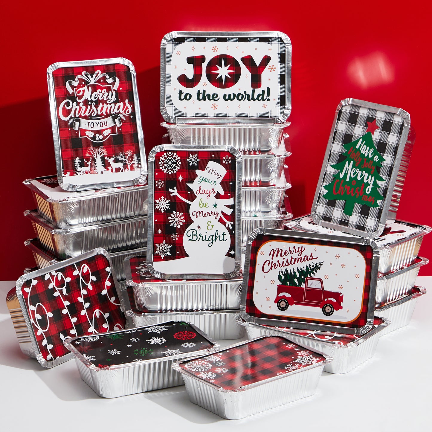 SYNCFUN 24 Pcs Christmas Foil Containers with Lid, Aluminum Foil Pans with Lids, 7"x5"x2" Disposable Foil Pans with Covers, Food Containers Great for Baking, Cooking, Heating, Storing, Prepping Food