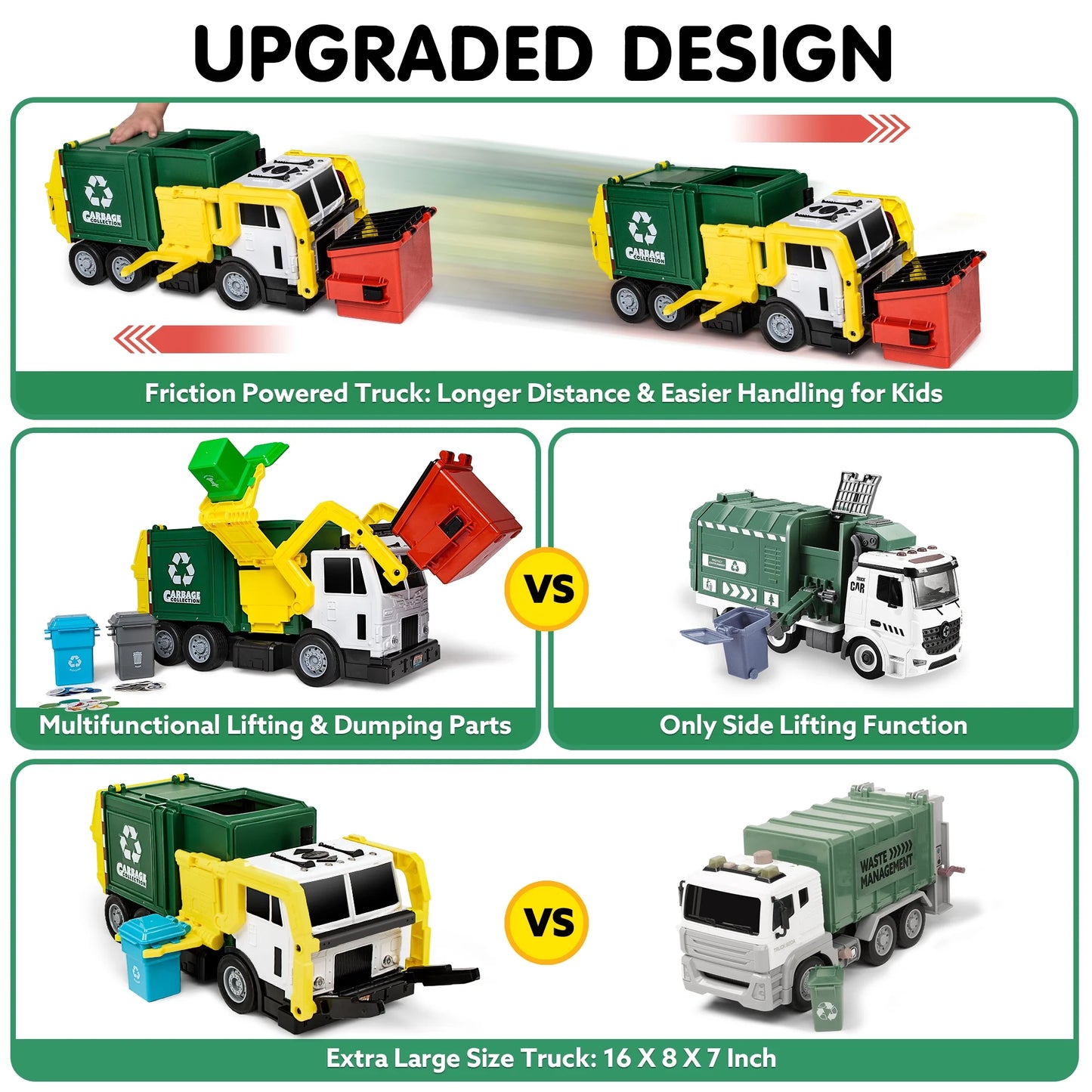 SYNCFUN Garbage Truck Toys for Boys, 16" Large Trash Truck Toys with Dumpster and Trash Bins, Play Vehicle Toys for Kids Age 2 3 4 5 6 Years Old