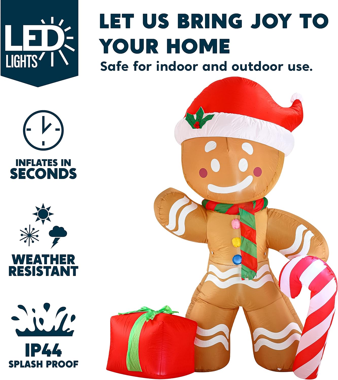 Joyfy 8 FT Christmas Inflatables Gingerbread Man Outdoor Decorations,Gingerbread Man with Candy Cane Blow Ups Yard with Built-in LEDs for Holiday Party Garden Lawn Decor