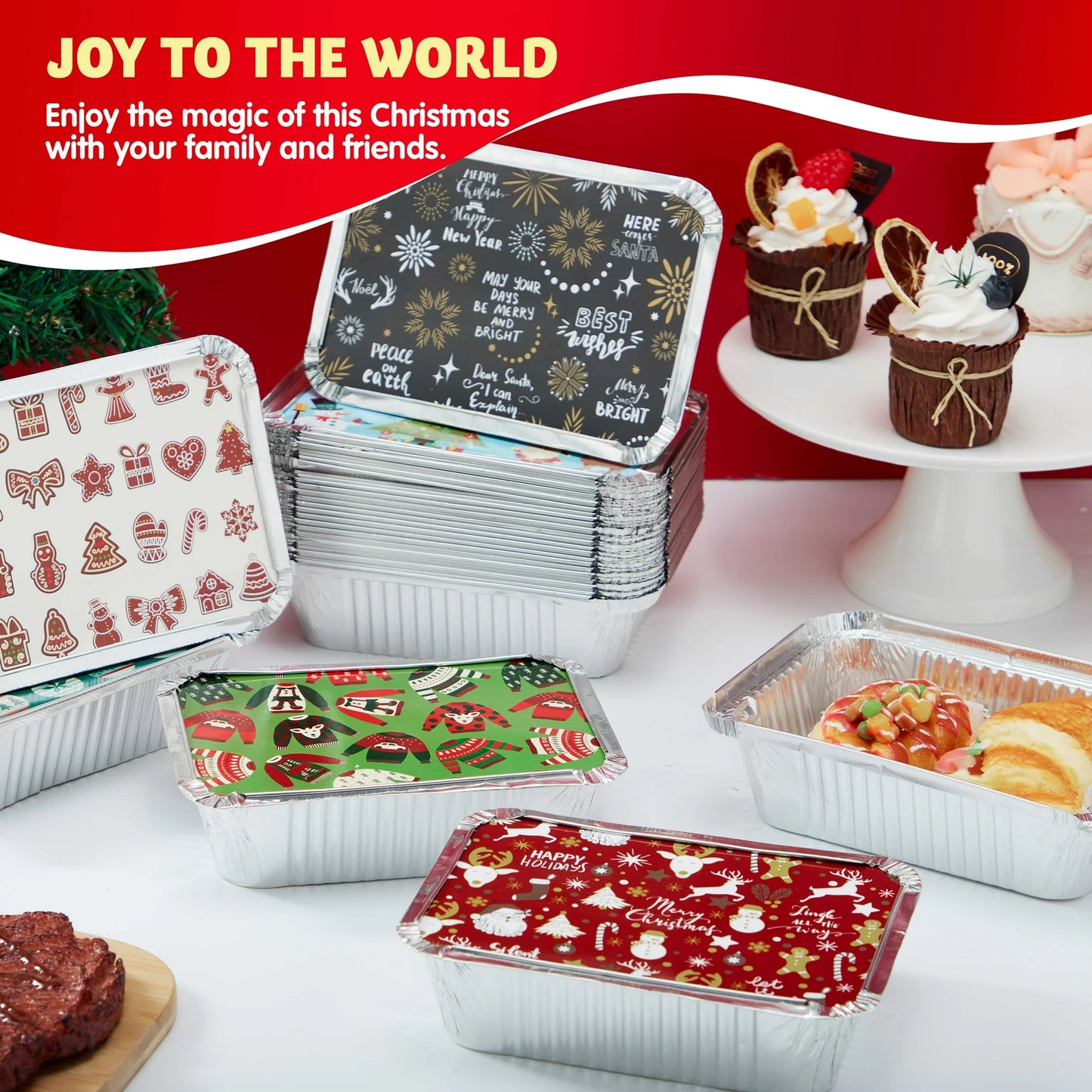 SYNCFUN 48 Pcs Christmas Cookie Tins with Lids for Gift Giving, Rectangular Treat Foil Containers, Disposable Food Storage Pan for Holiday Leftovers Goodie Container or Cookie Exchange