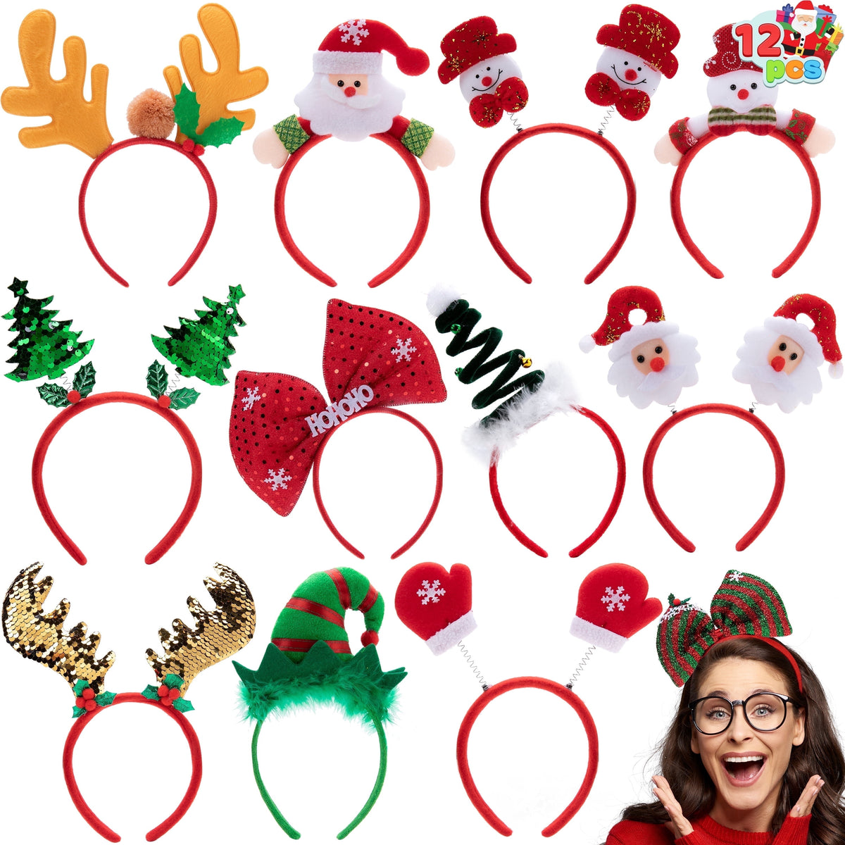 Joyfy 12 Pack Christmas Headbands Xmas 3D Head Hats Headbands for Adults Women Men Christmas Party Christmas Costume Accessories Christmas Party Gifts Photo Booth (One Size)