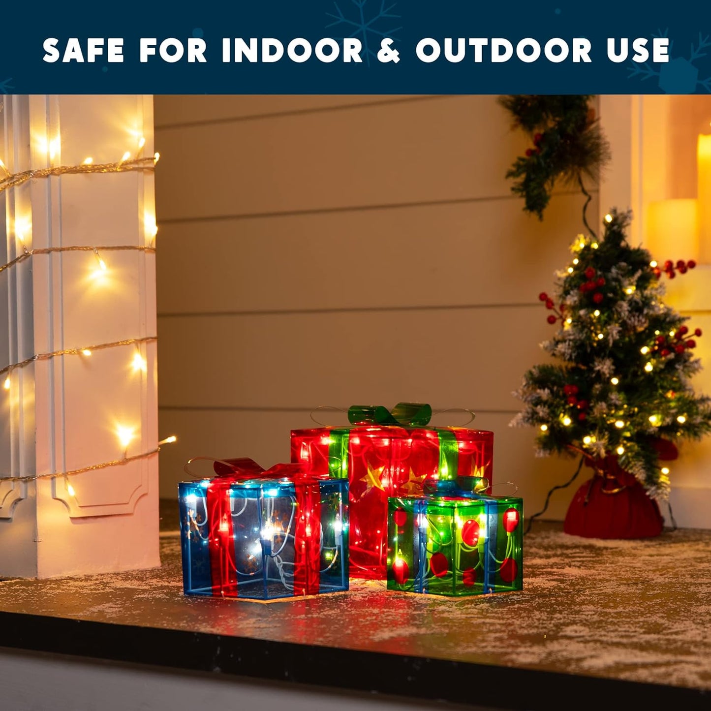 SYNCFUN 3 Pcs Gift Boxes Light Christmas Outdoor Decorations,50 Star Pre-Lit LED Present Boxes Christmas Decorations,Christmas Yard Christams Tree Holiday Decor