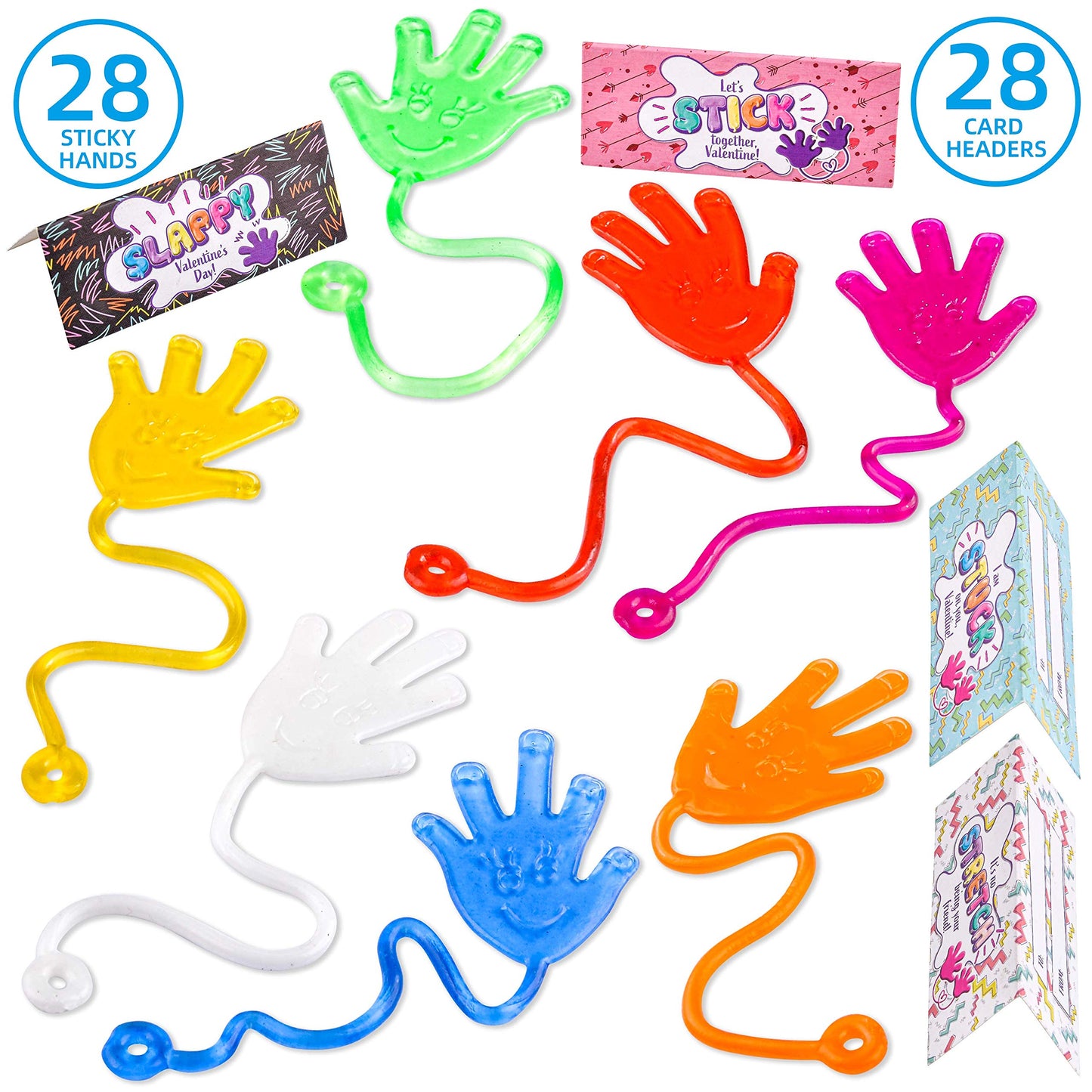 28 PCS Valentines Exchange Cards for Kids Boys Sticky Hands Slappy Hands Sticky Toys Classroom Gifts Party Favor