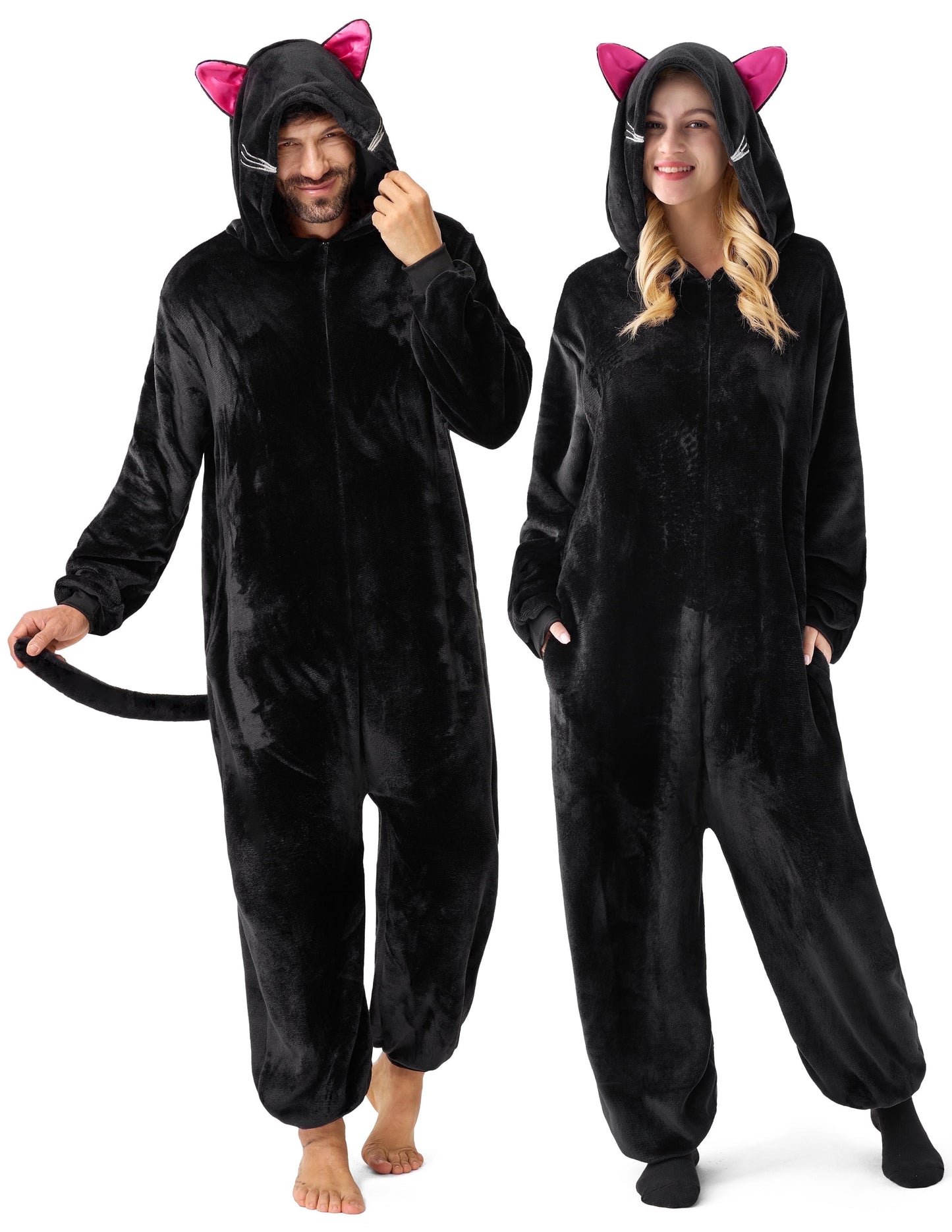 Joyfy Adult Unisex Black Cat Costume Pajama, Hooded Zippered Jumpsuit for Halloween Party, Cosplay and Role Play
