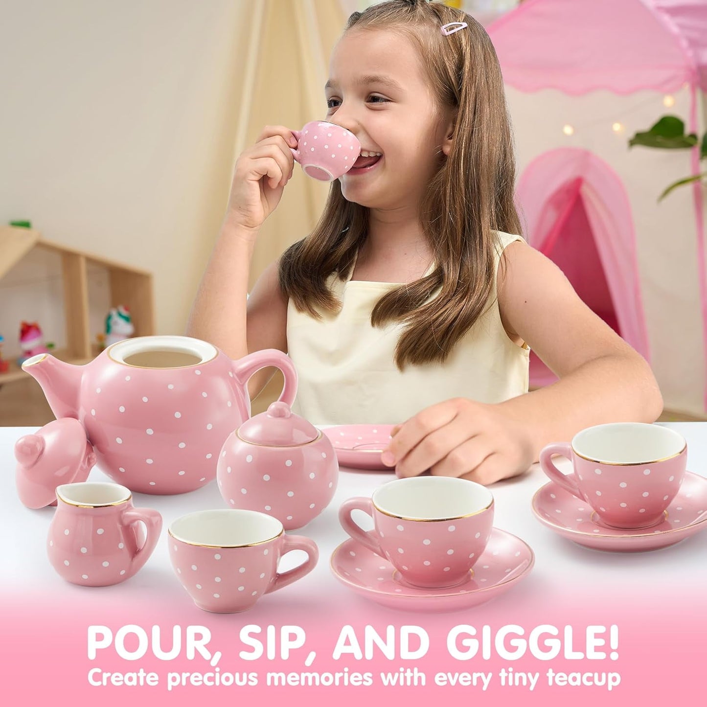 Porcelain Tea Set for Girls, 13 PCS Pink Childs Tea Party Set, Pretend Play Toys with Teapot, Cups, Saucers & Carrying Case, Ideal for Toddlers Kids Christmas Birthday Gifts Ages 3 4 5