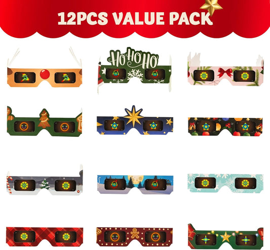Joyfy 12 Pcs Christmas Paper Glasses Frame Christmas Party Glasses, Costume Eyeglasses Assorted Designs for Adults Party Favors Photo Props(One Size Fits All)