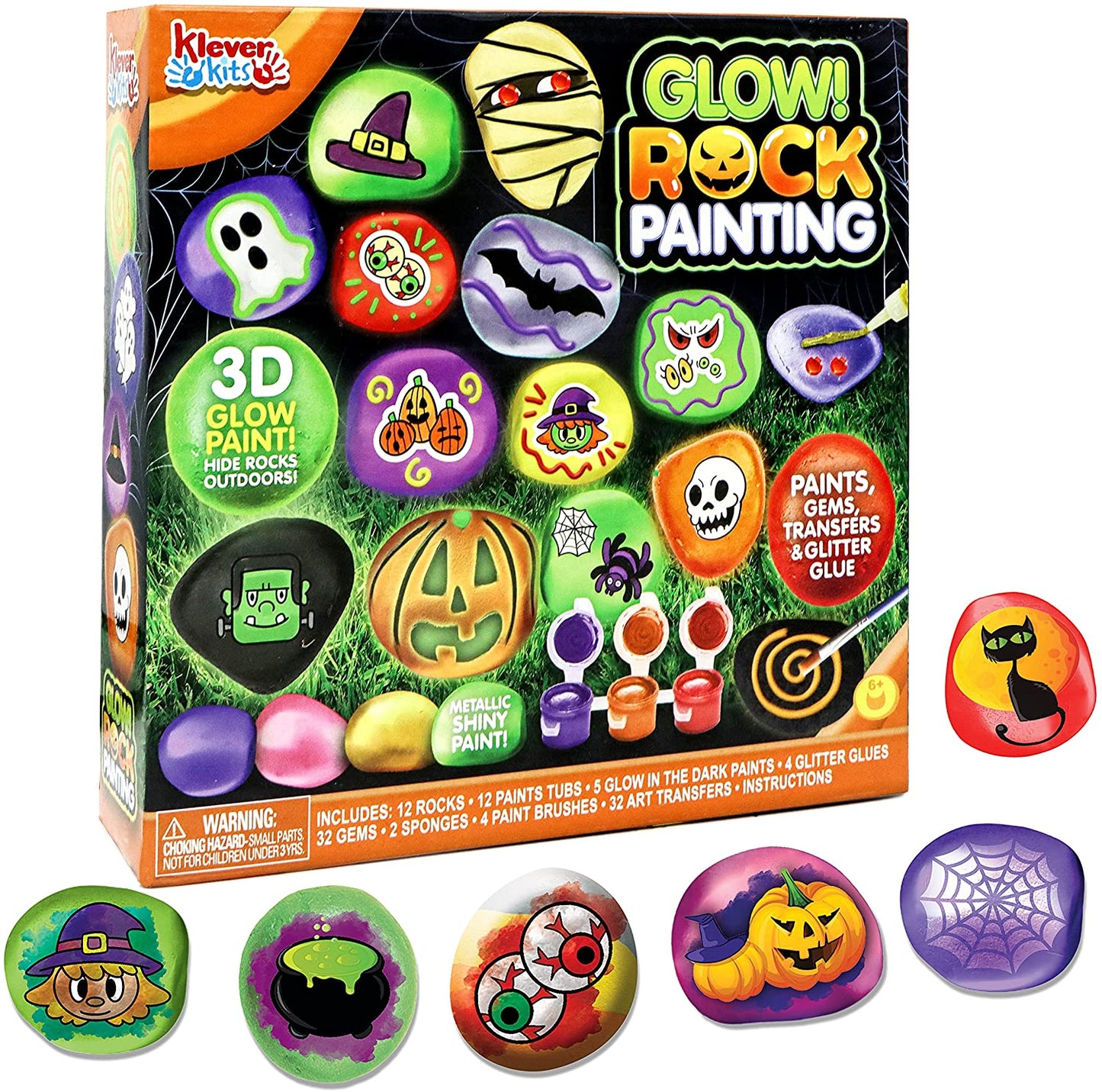 12 Halloween Rock Painting Kit, Glow in the Dark Rock Painting with 12 Paint Tubs for Kids Unisex