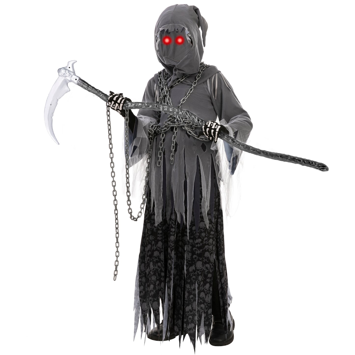 Syncfun Glowing Eyes Grim Reaper Costume for Kids, Dark Knight Reaper Phantom Costume for Halloween Dress Up Role Playing Cosplay 5-12 Years