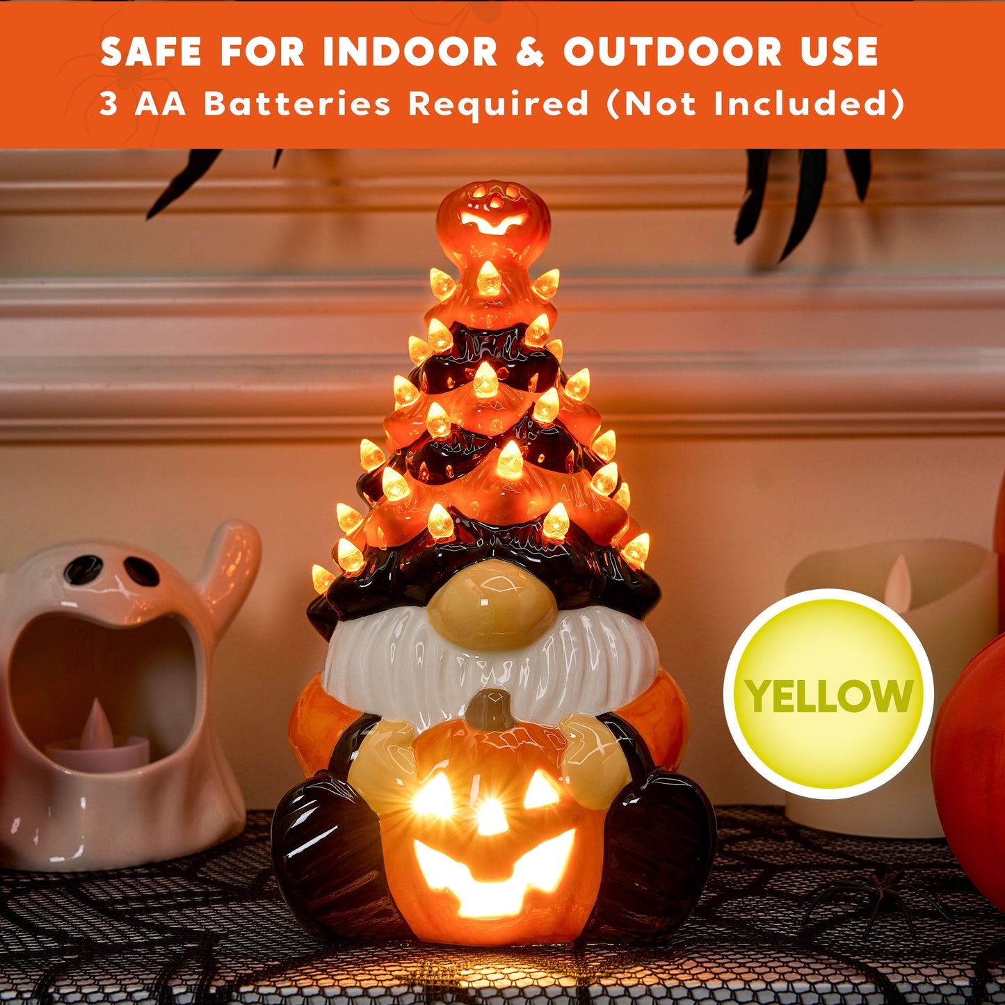 JOYIN 8.5 inch Halloween Decorations Ceramic Gnome Tree Decorations with Build-in LEDs,Light Up Pumpkin Table Decor Bedroom Indoor Centerpieces for Tables
