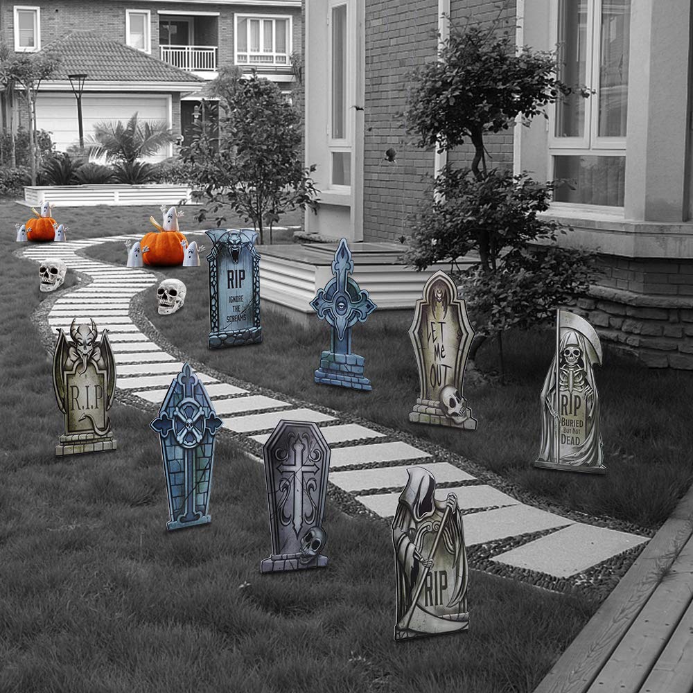 Syncfun 8 Pcs Halloween Tombstones Decorations,16.5" Halloween Foam RIP Graveyard Decorations and 16 Bonus Metal Stakes for Halloween Outdoor Yard Decorations