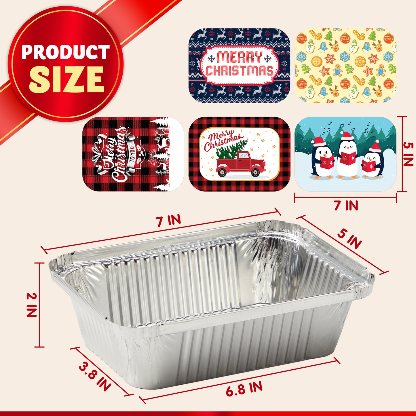 SYNCFUN 48 Pcs Christmas Foil Containers with Lid, Aluminum Foil Pans with Lids, 7"x5"x2" Disposable Foil Pans with Covers, Food Containers Great for Baking, Cooking, Heating, Storing, Prepping Food