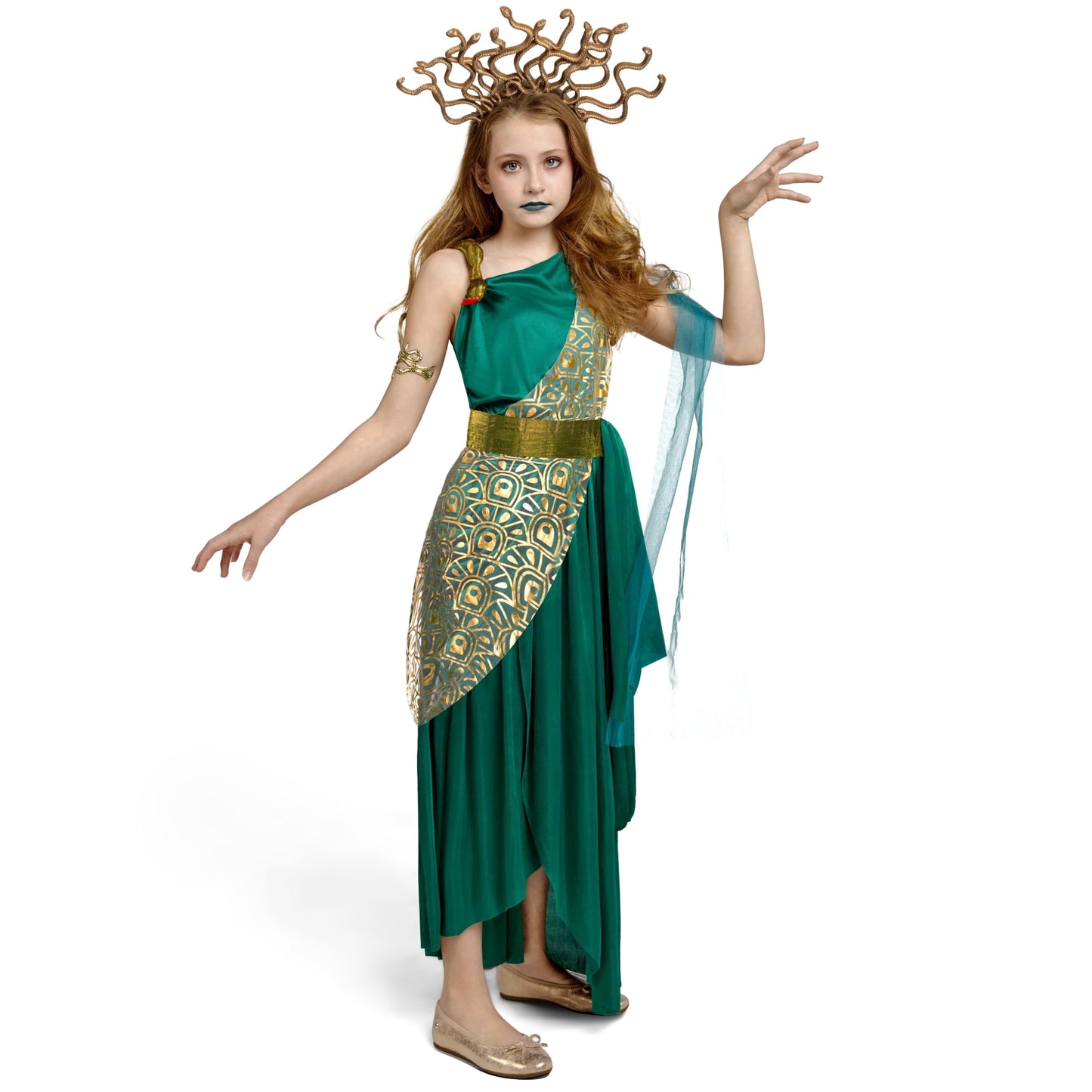 Joyfy Medusa Costume for Girls, Child Green Medusa Dress with Headpiece Armlet for Kids Halloween Party Dress up Cosplay
