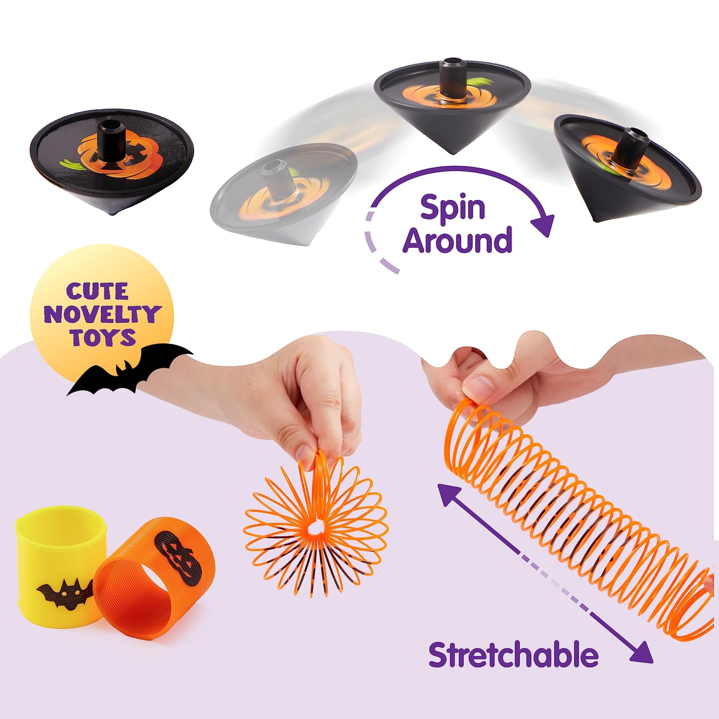 Joyfy 144 Pcs Halloween Toys Party Favors for Kids,Halloween Goodies Including Pumpkin Buckets,Spider Rings,Poppers,Spring,Vampire Teeth and Spinning Tops