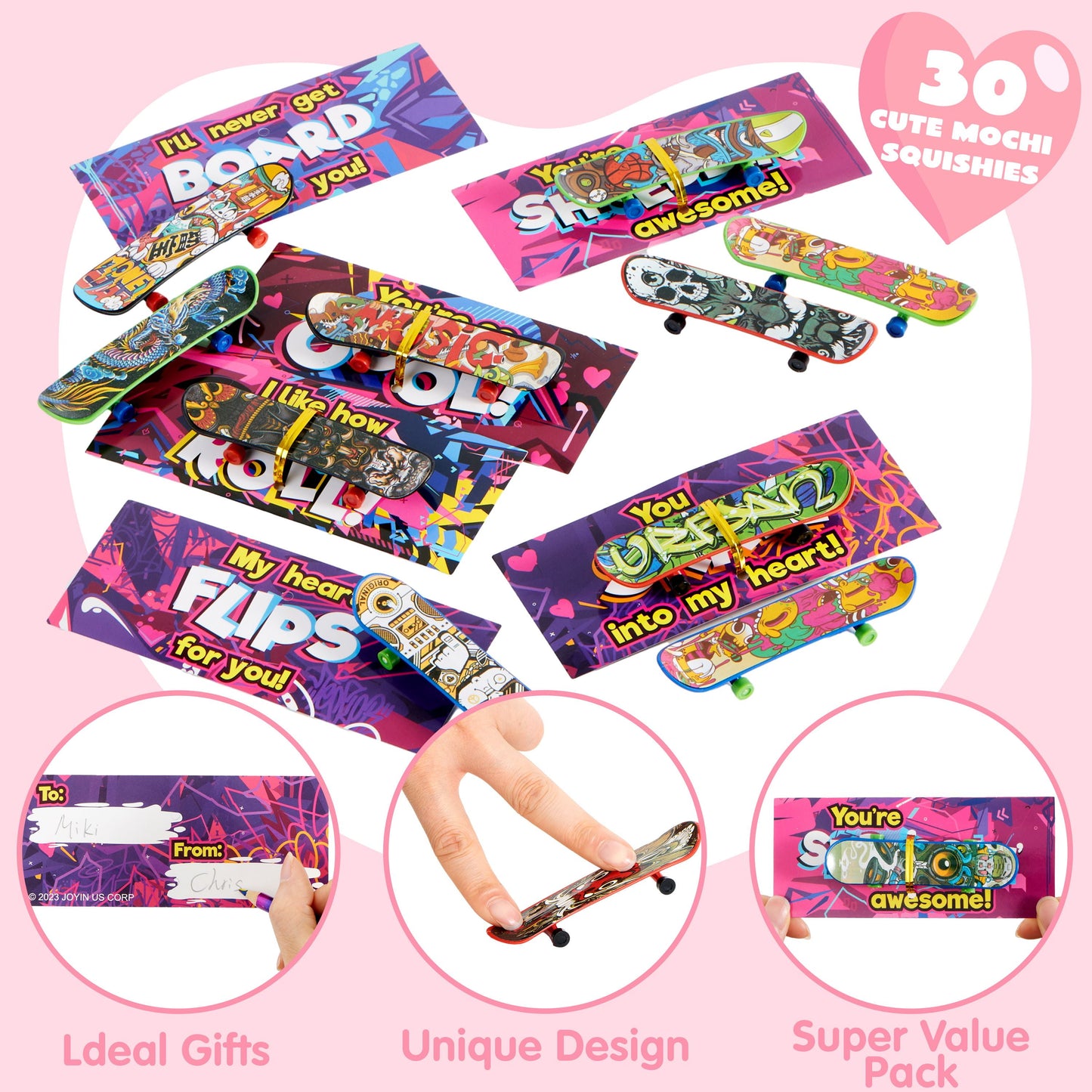 30 Packs Valentines Day Cards with Finger Skateboards for Kids Boys, Valentines School Classroom Exchange Gifts for Ages 6 and up