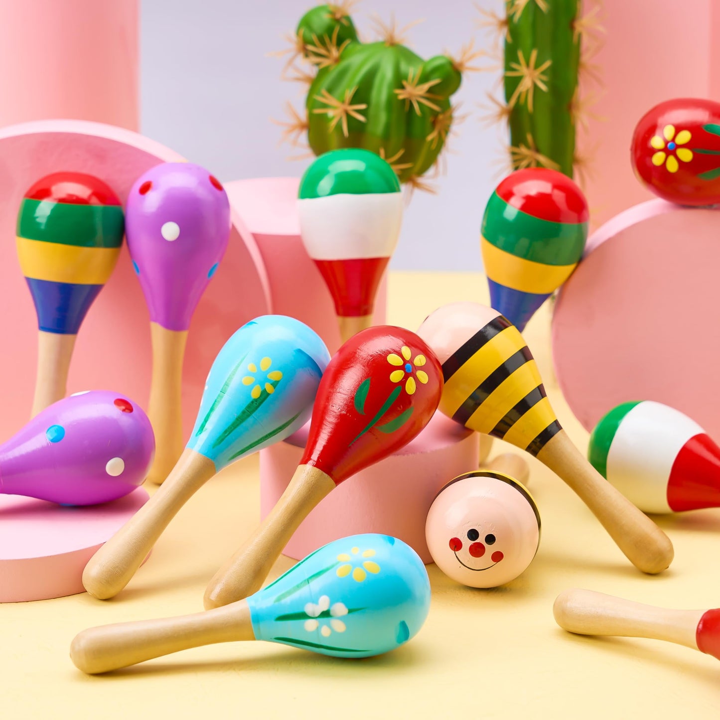 24 pieces of Cinco De Mayo children's mini wooden Malakas, carnival party gifts, and baby Malakas colored Malakas with wooden tambourines