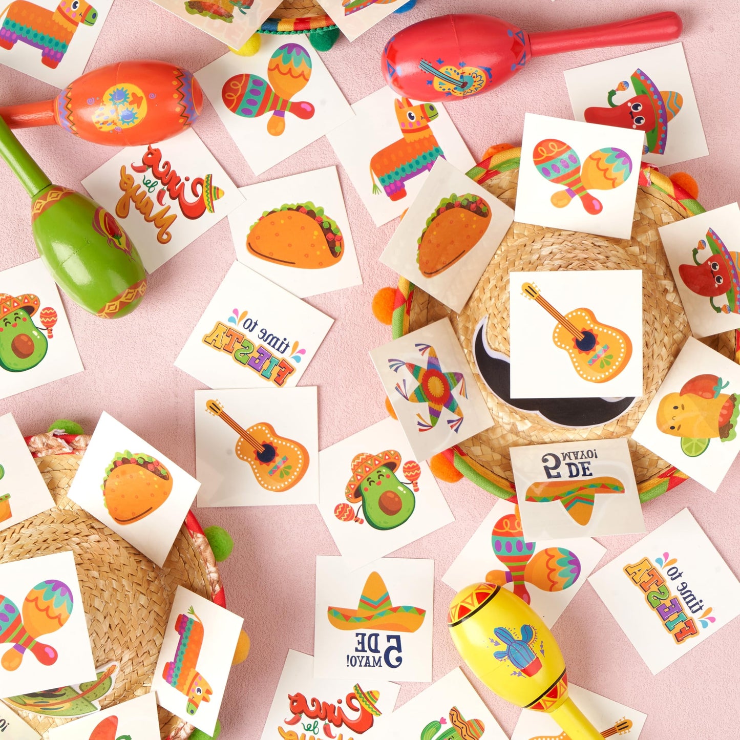 144 pieces of Cinco De Mayo Mexico themed party temporary tattoo set, carnival party fake tattoo stickers, straw hats