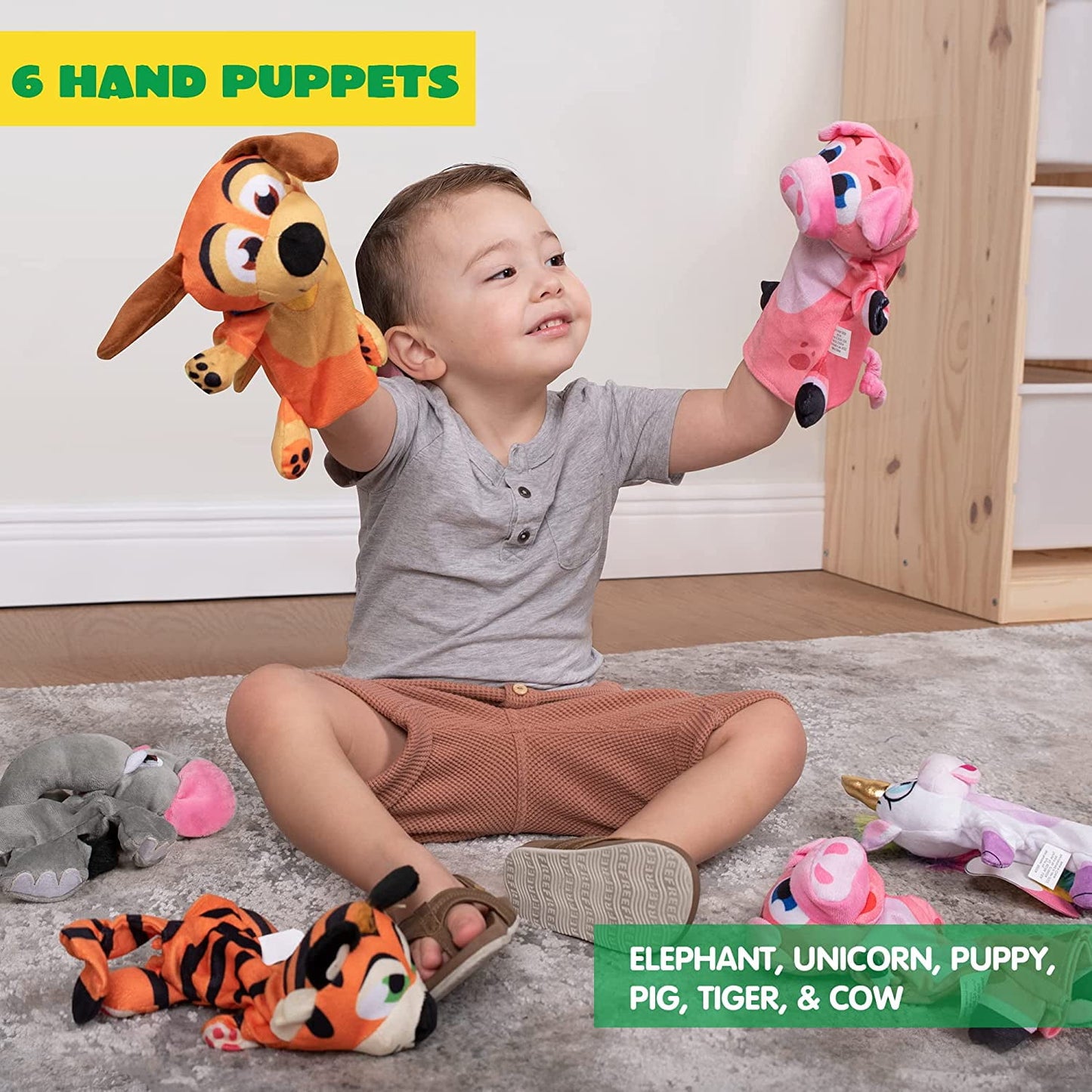 Toy Animal Friends Deluxe Hand Puppets 6 Pack for Imaginative Play, Stocking, Birthday Party Favor Supplies, Girls, Boys, Kids and Toddler