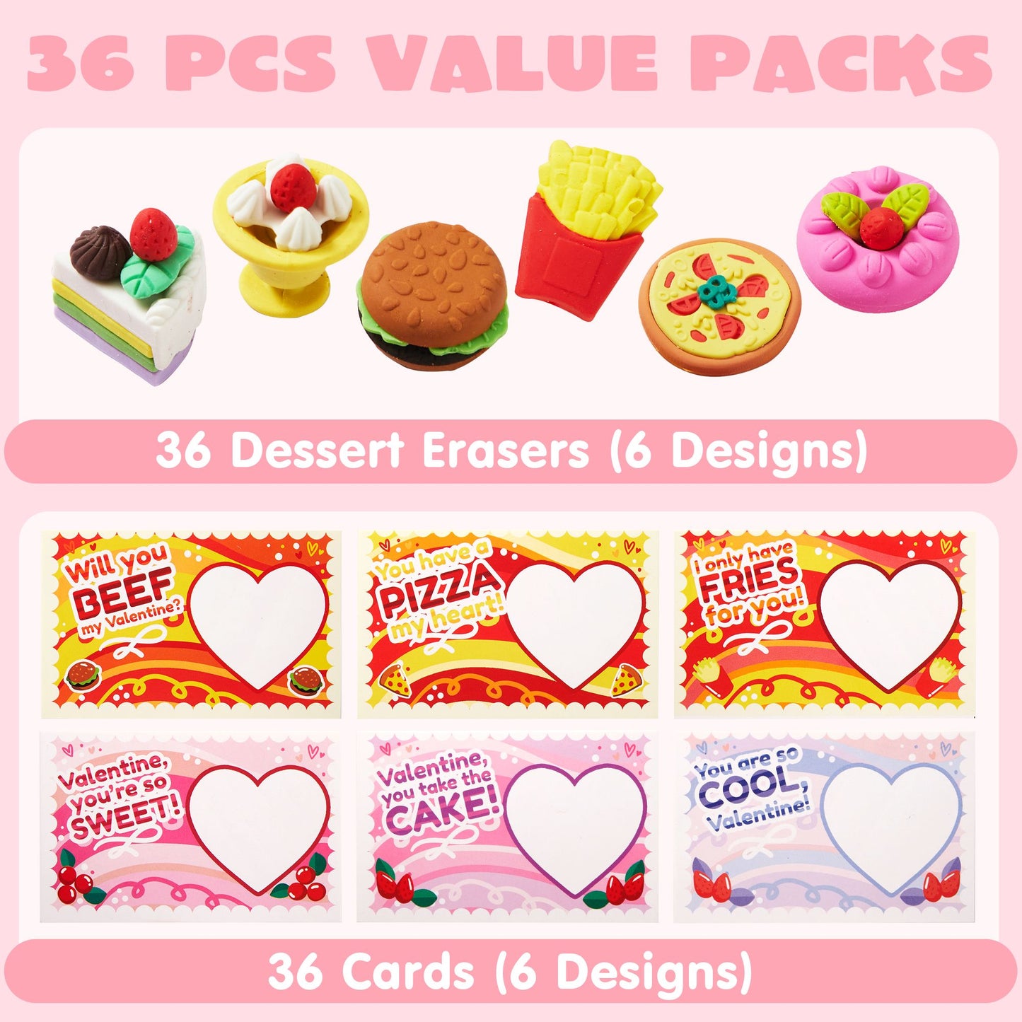 36 Pieces Valentines Day Gift Cards with 3D Dessert Erasers for Kid Classroom Valentines Day Cards, Party Favor Toy Card Party Favor, Classroom Prize Supplies, Valentine’s Greeting Cards