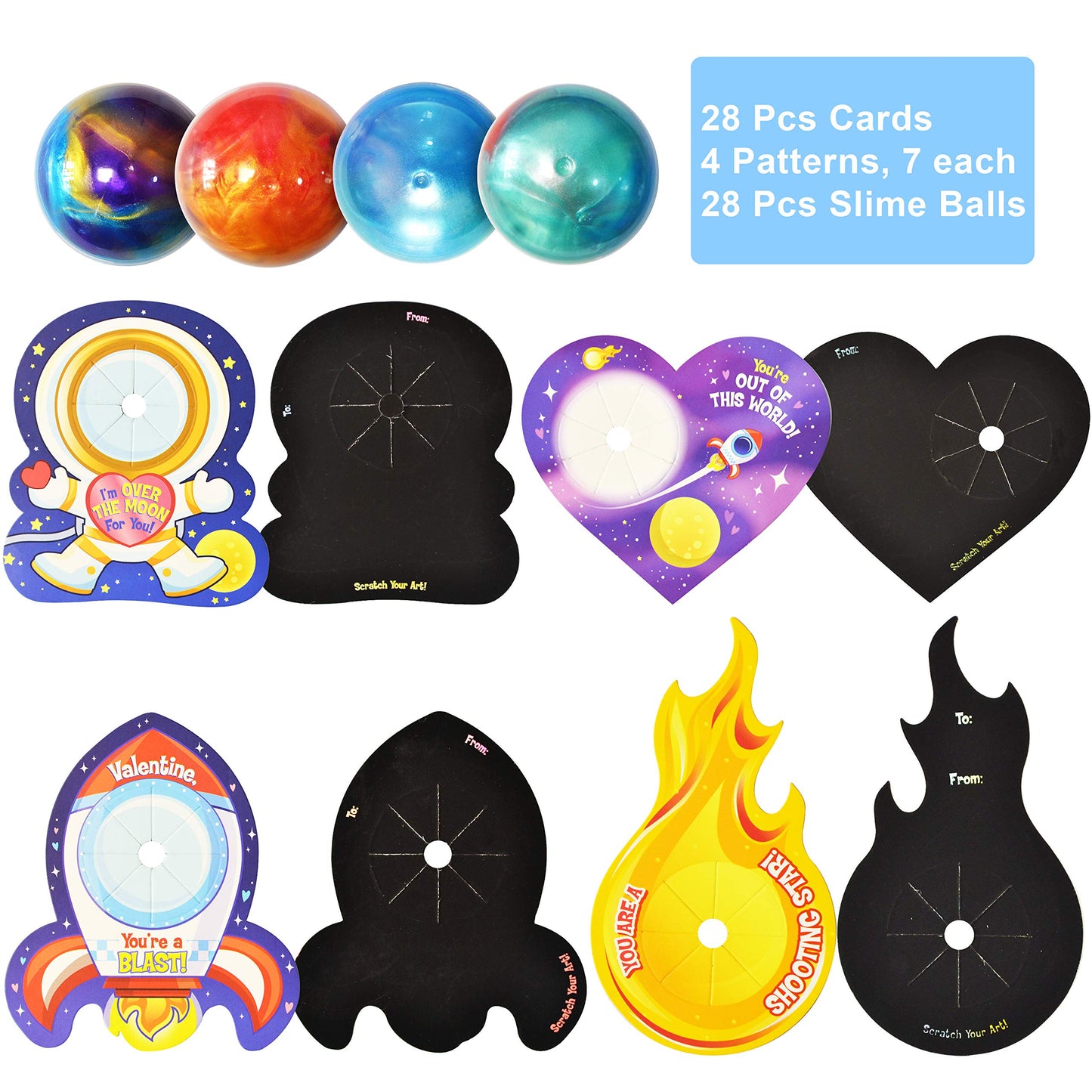 28 Packs Valentines Galaxy Slime With Cards for Kids, Stress Relief Fidget Toy for Kids Valentines Class Exchange Cards, Valentines Party Favors