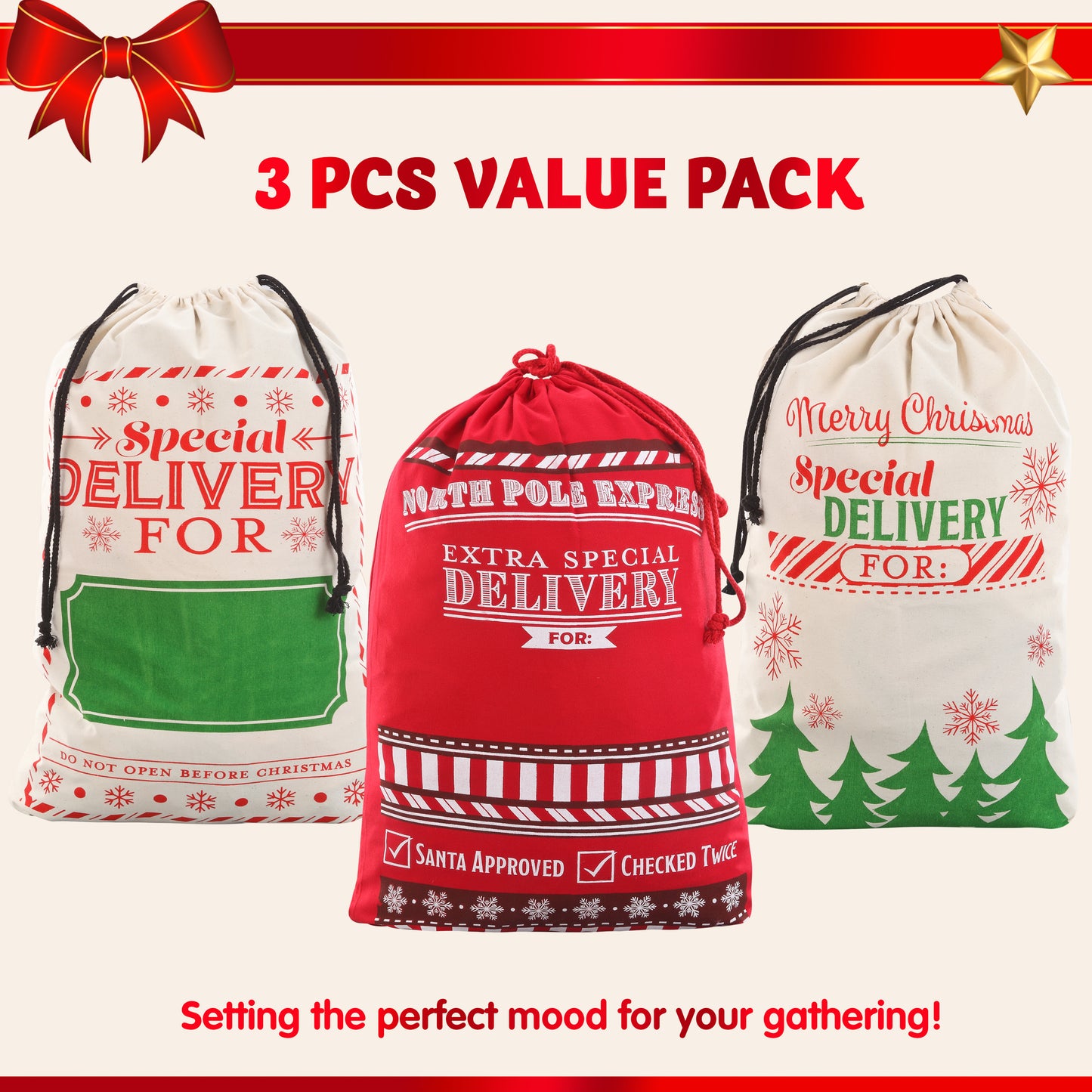 Joyfy 3 Pcs Present Bags, Santa Burlap Sack with Drawstring 26" x 19" for Large Xmas Package Storage,Christmas Large Gift Bags