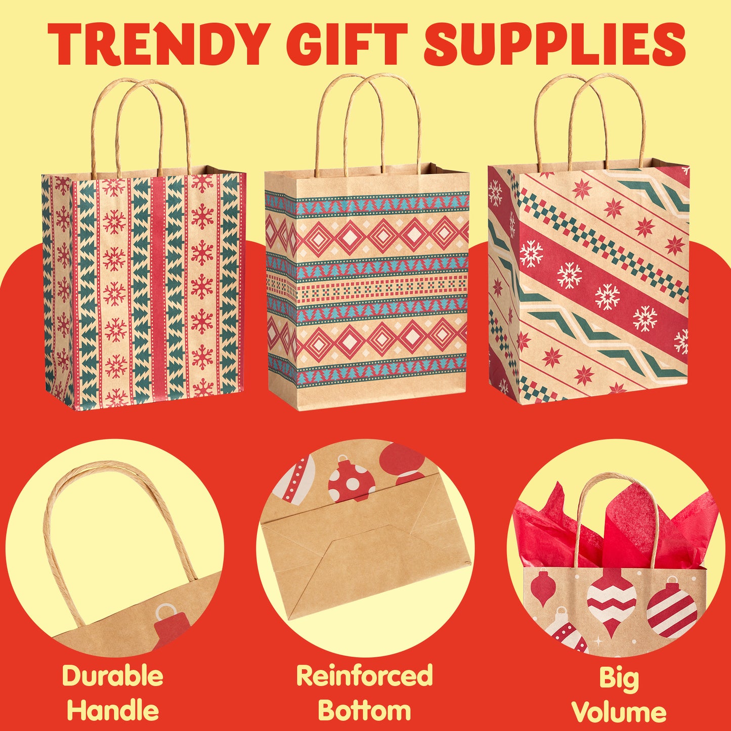 Joyfy 48 Pcs Christmas Present Bags, Kraft Bags with Handle for Christmas Party Favors, Gift Giving, Holidays Decorations, Xmas Treat Bags