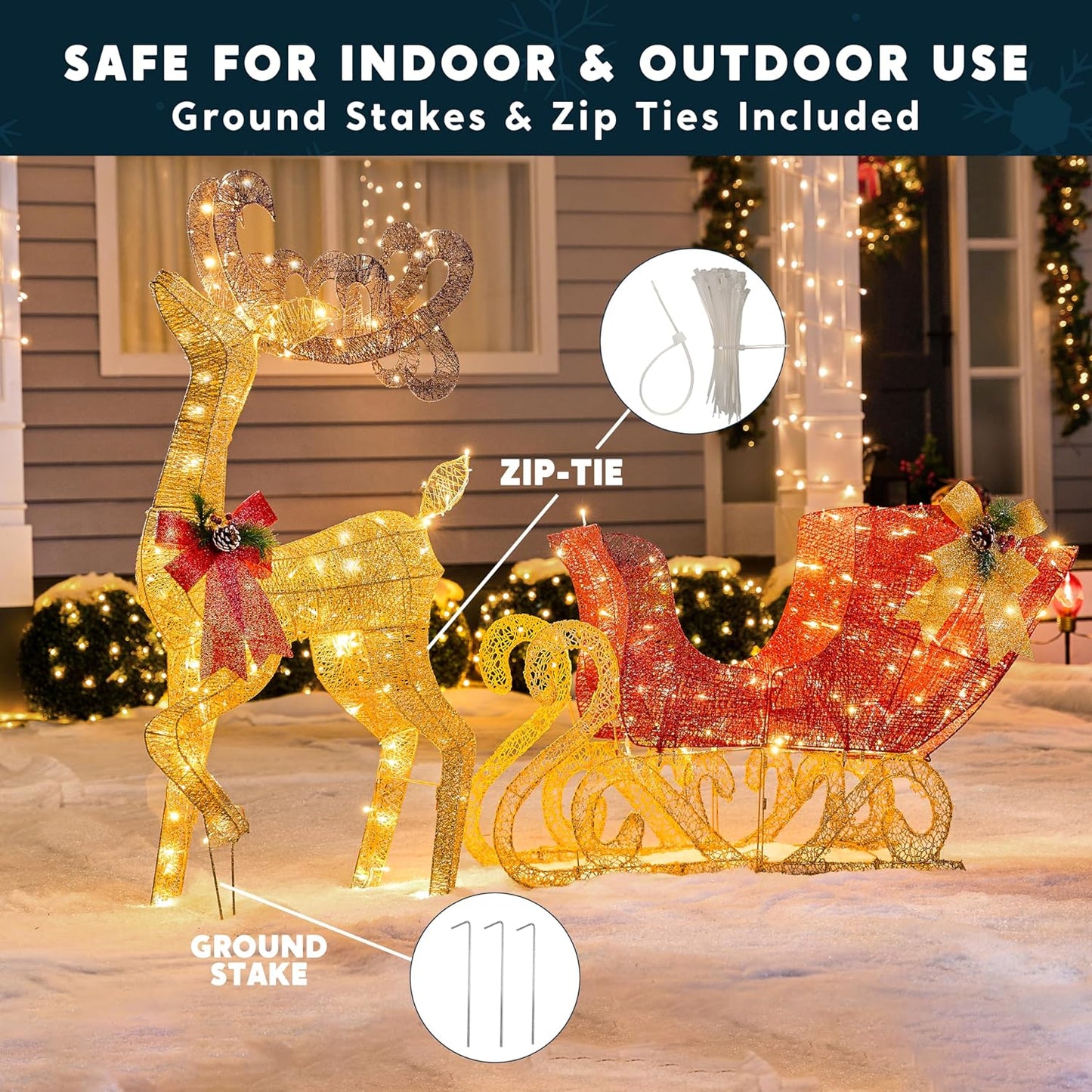 SYNCFUN 4 FT Reindeer Christmas Outdoor Yard Light Decorations,200 LED Lights Reindeer and Sleigh for Christmas Outside Lawn Decor,Warm White Light