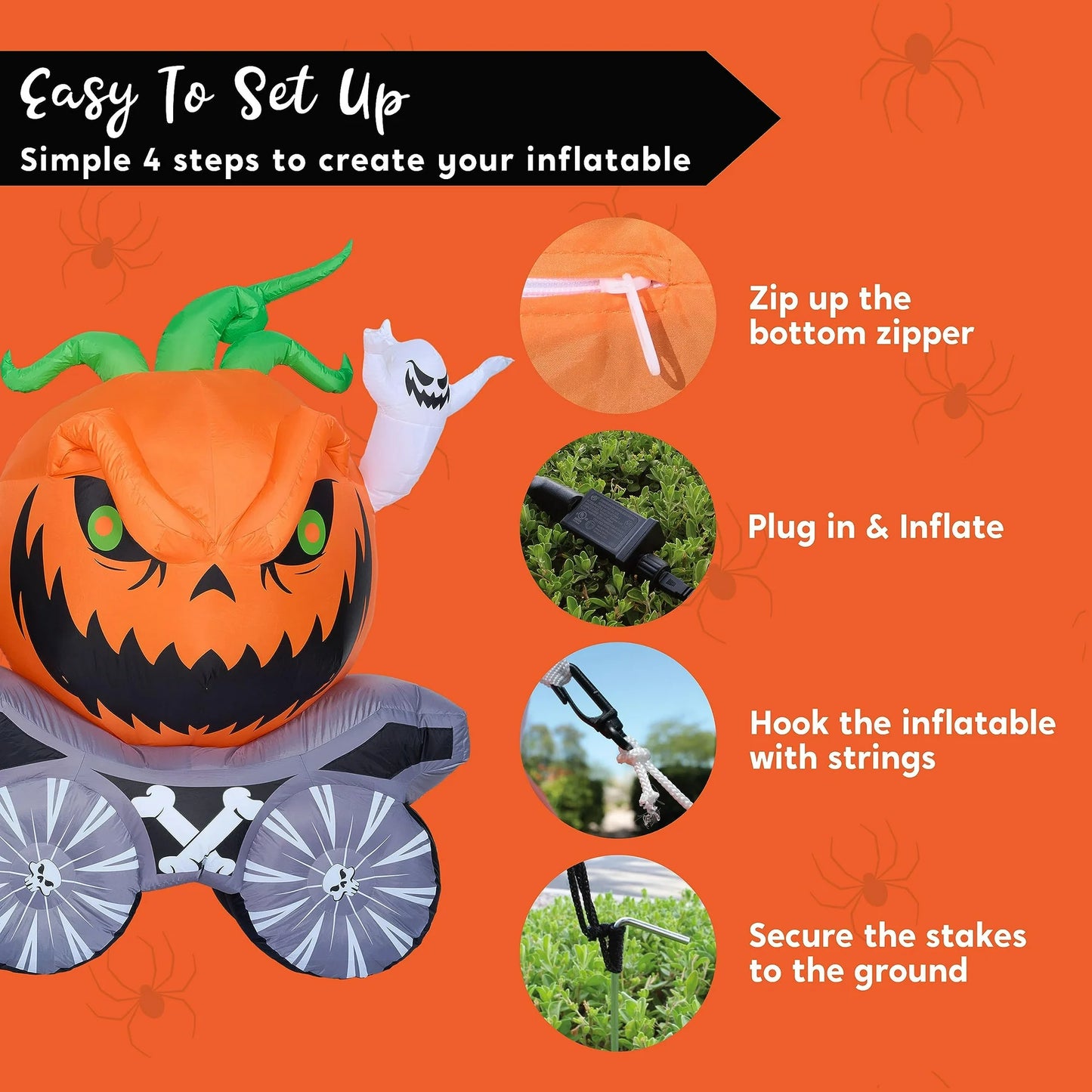 8 FT Halloween Inflatable Long Inflatable Grim Reaper Driving Pumpkin Carriage with Build-in Flaming LED Lights,Blow UP Outdoor Yard Decoration