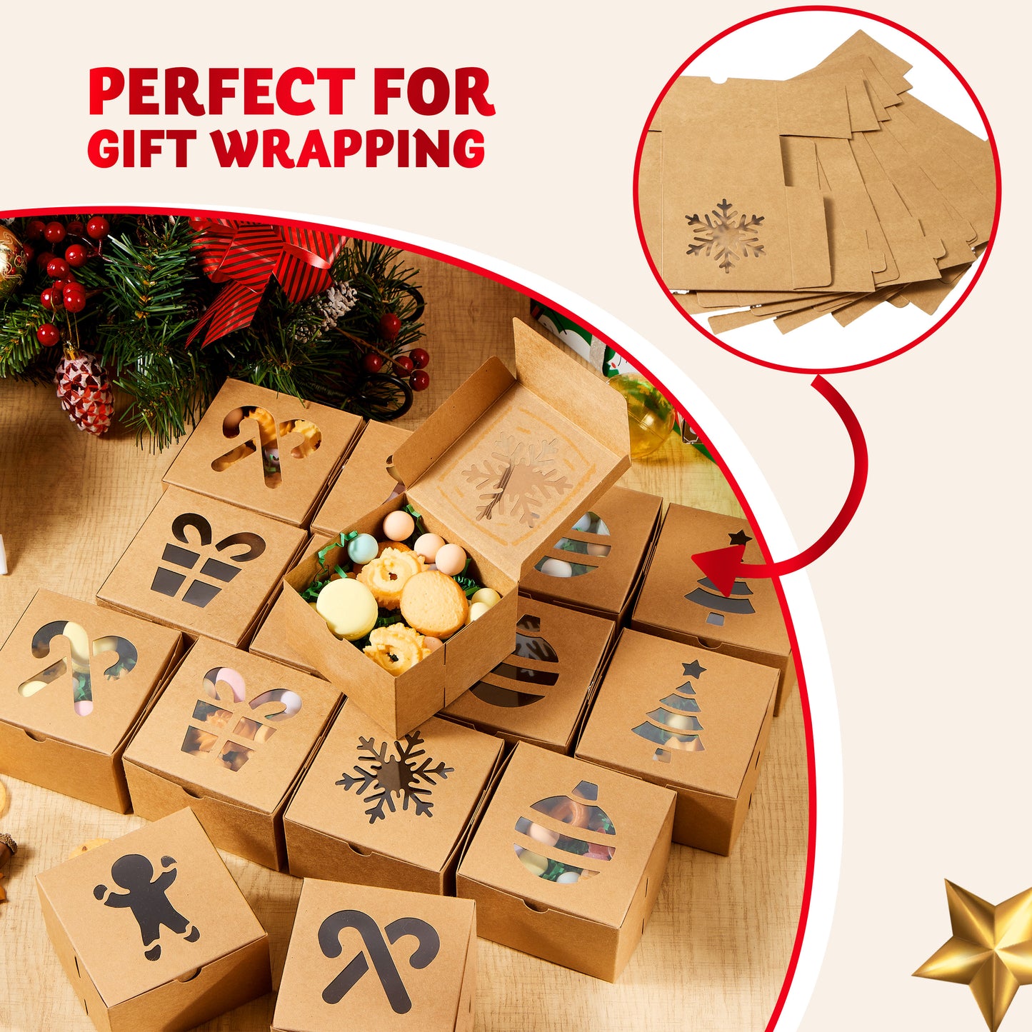 Joyfy 36 Pcs Christmas Cookie Boxes, Brown Kraft Treat Boxes with Window 4" x 4" x 2.5" Bakery Gift Warpping Box for Xmas Holiday Party Favor Pastries, Cupcakes, Cookies Donuts Gift-Giving