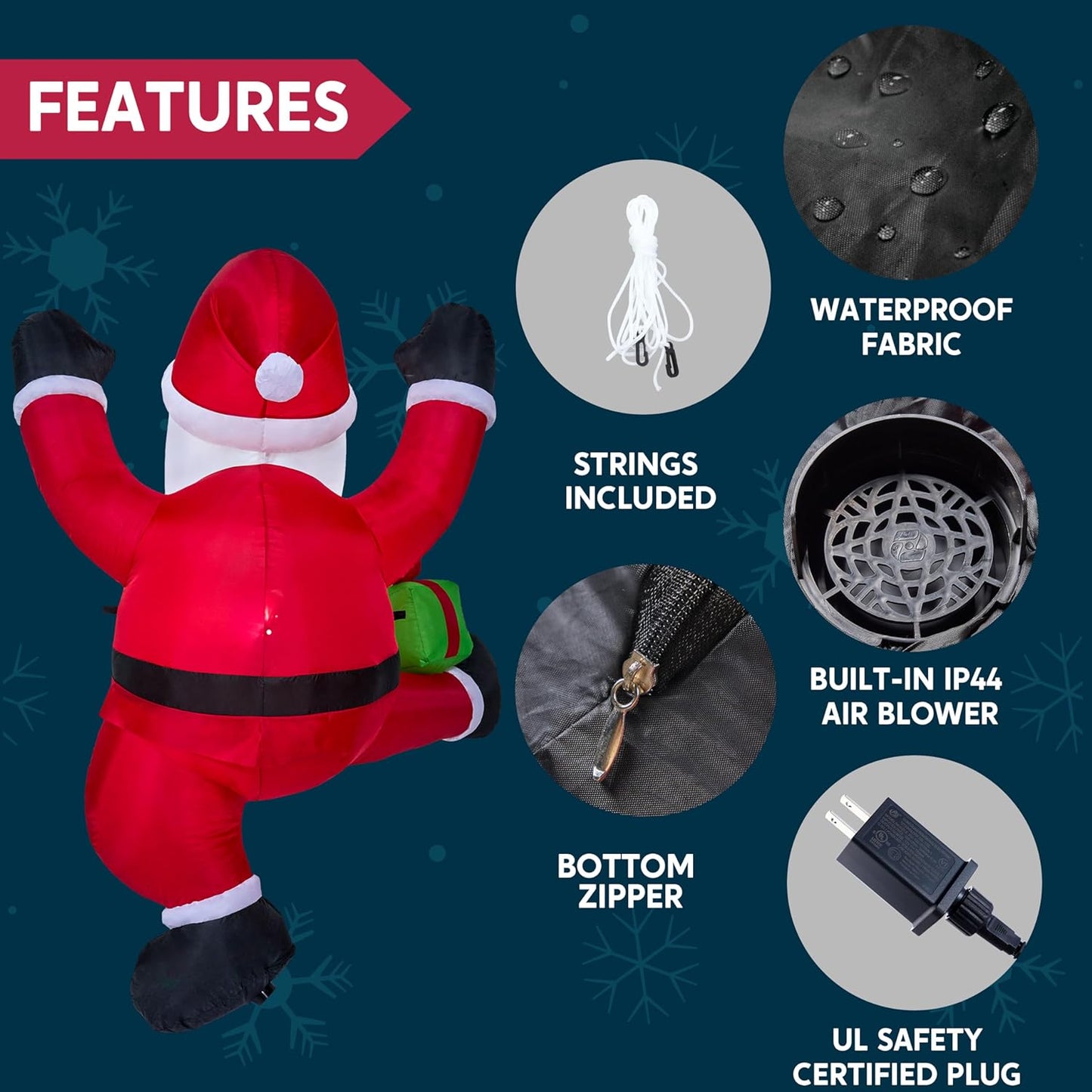 Joyfy 6 FT Christmas Inflatables Santa Outdoor Decorations,Christmas Climbing Santa with Gift Box Blow Ups Yard with Built-in LEDs for Holiday Party Garden Lawn Decor