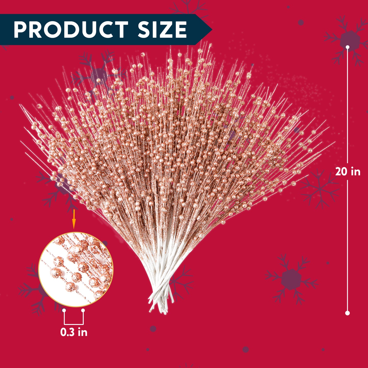 Syncfun 24 Pcs Christmas Tree Berry Stem, 20 Inches Decorative Bead Sticks, Glittery Twigs, Picks, Branches for Christmas Tree, Small Vase, Holiday, Wedding, Party (Rose Gold)