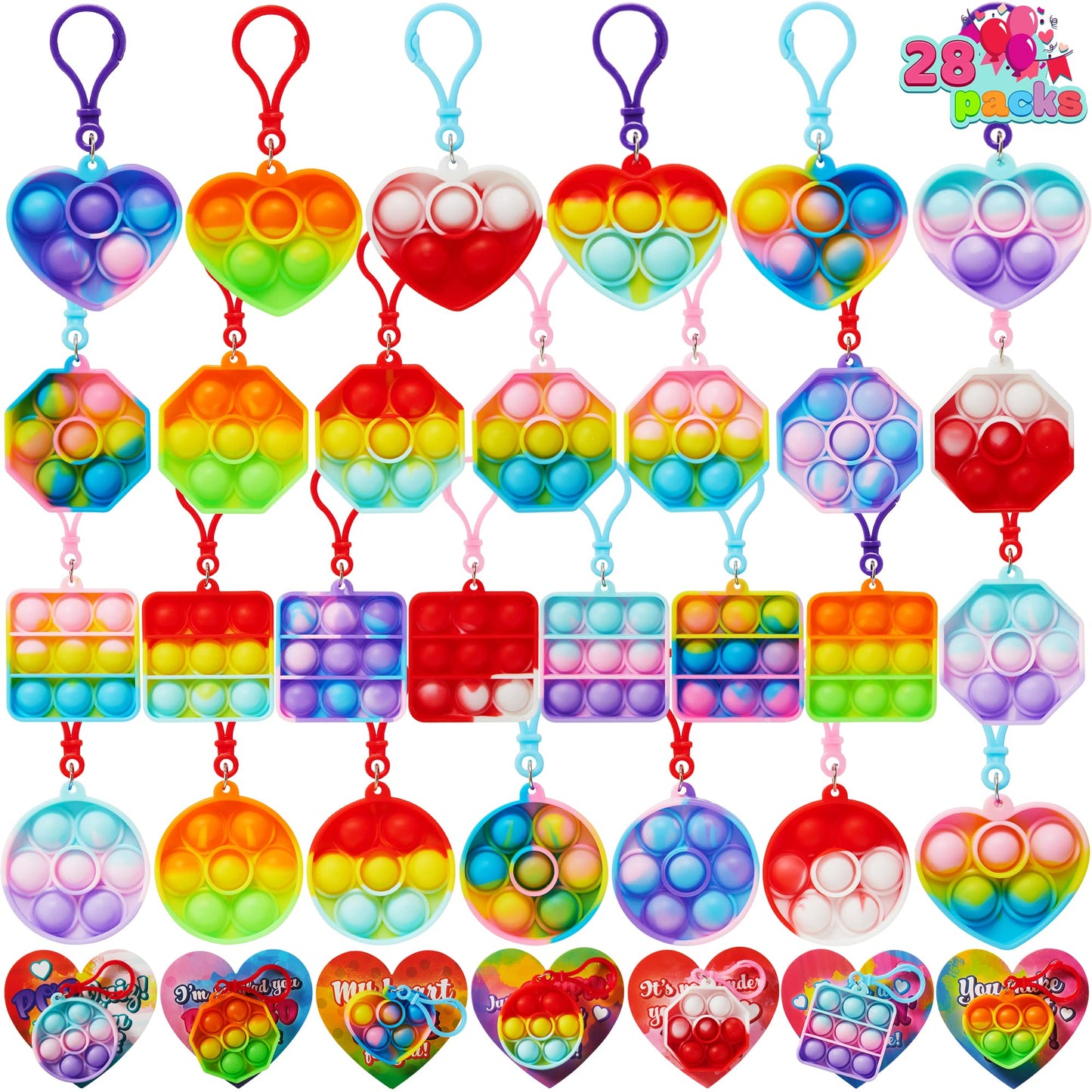 Joyfy 28 Packs Valentines Cards with Pop Bubble Key Chains Fidget Toys Valentines Exchange Pack for Kids Valentines School Classroom Favors