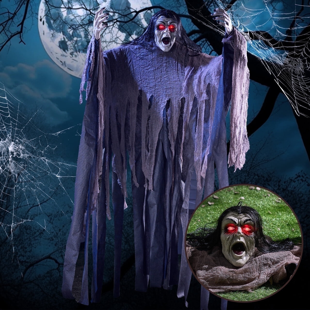 Joyfy Halloween Decorations Outdoor,Zombie Groundbreaker with Green Face and Lighted Eyes for Graveyard,Outdoor Scary Halloween Yard Decorations,Haunted House Decorations