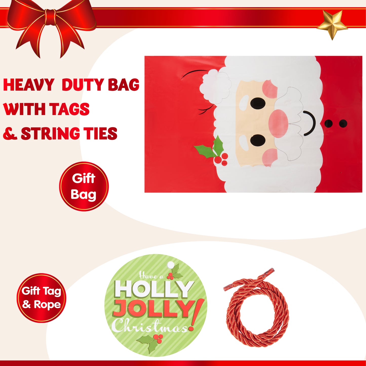 Joyfy Jumbo Christmas Santa Gift Bag Plastic Xmas Gift Wrapping Bag 56”x36” for Gift Giving, Holiday Presents, Giant Gifts Decorations, Festive Surprises
