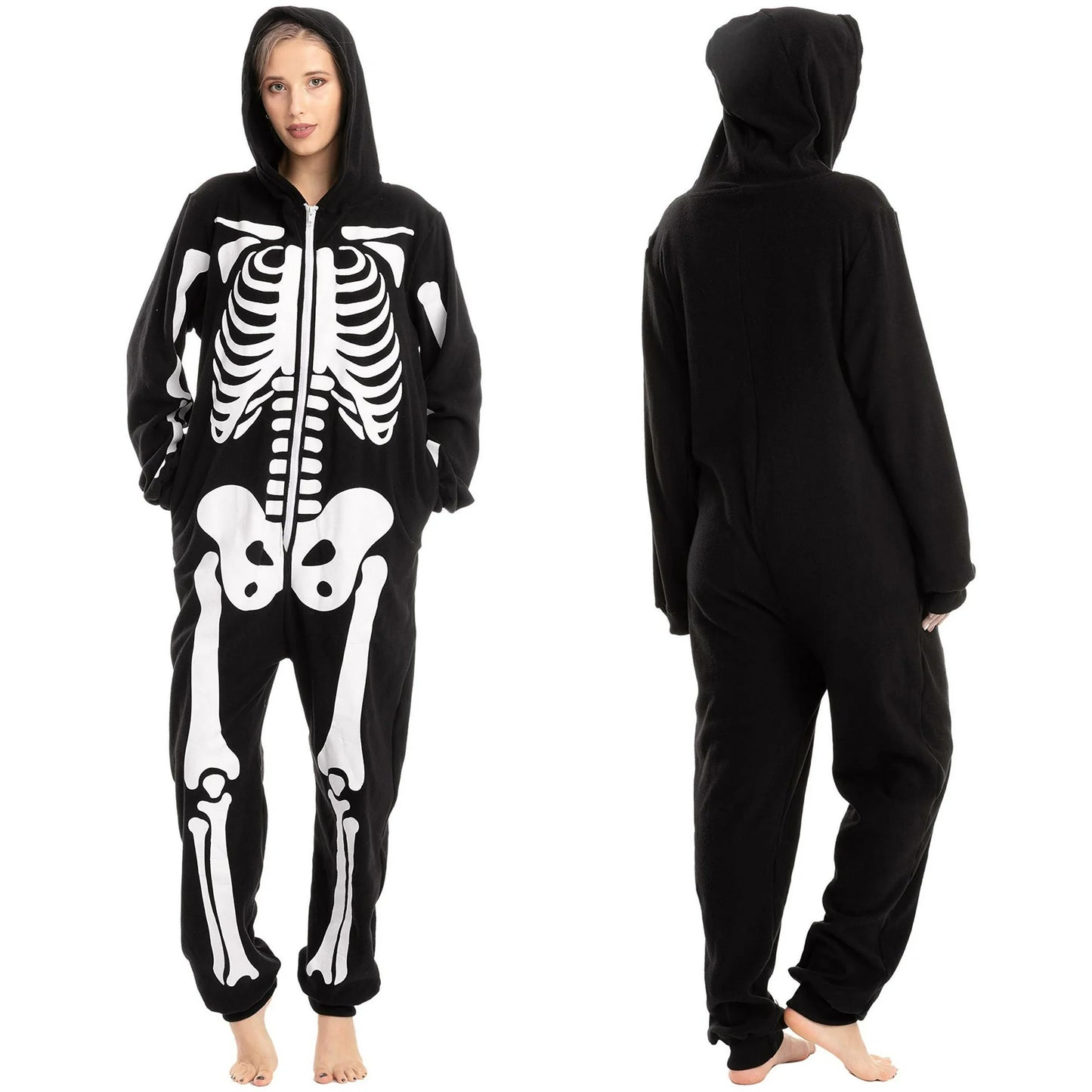 SYNCFUN Unisex Adult Skeleton Jumpsuit Pajama Zippered Halloween Hoody Sleepwear Costume(Large) Black